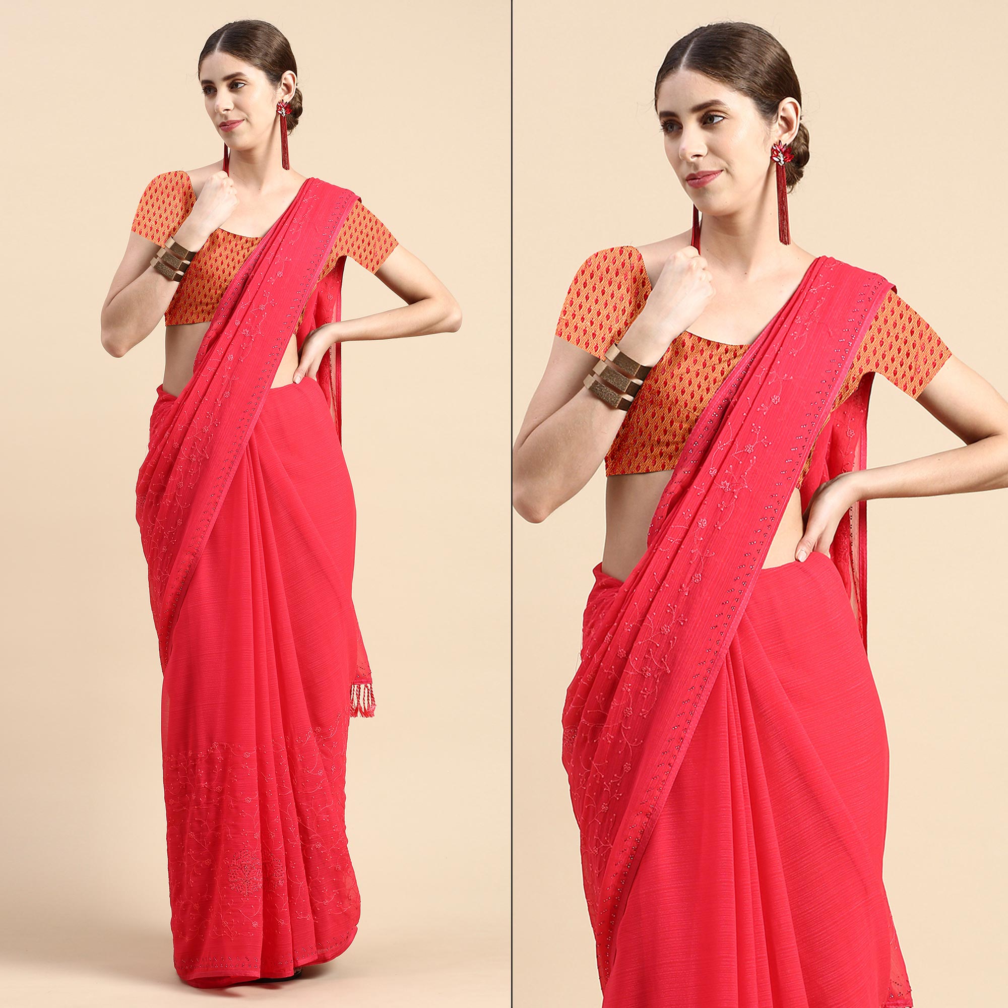 Pink Floral Embroidered Zomato Silk Saree