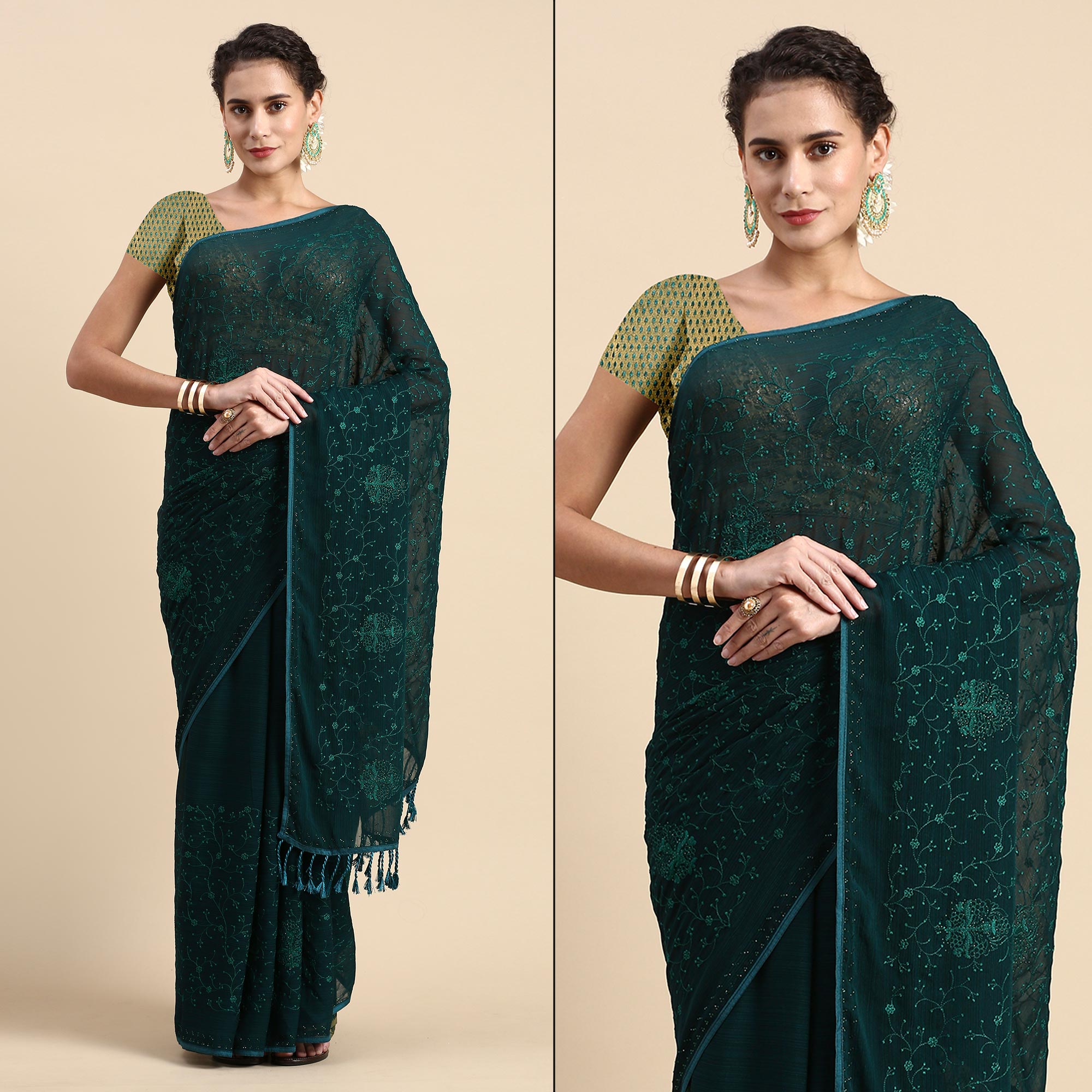 Green Floral Embroidered Zomato Silk Saree