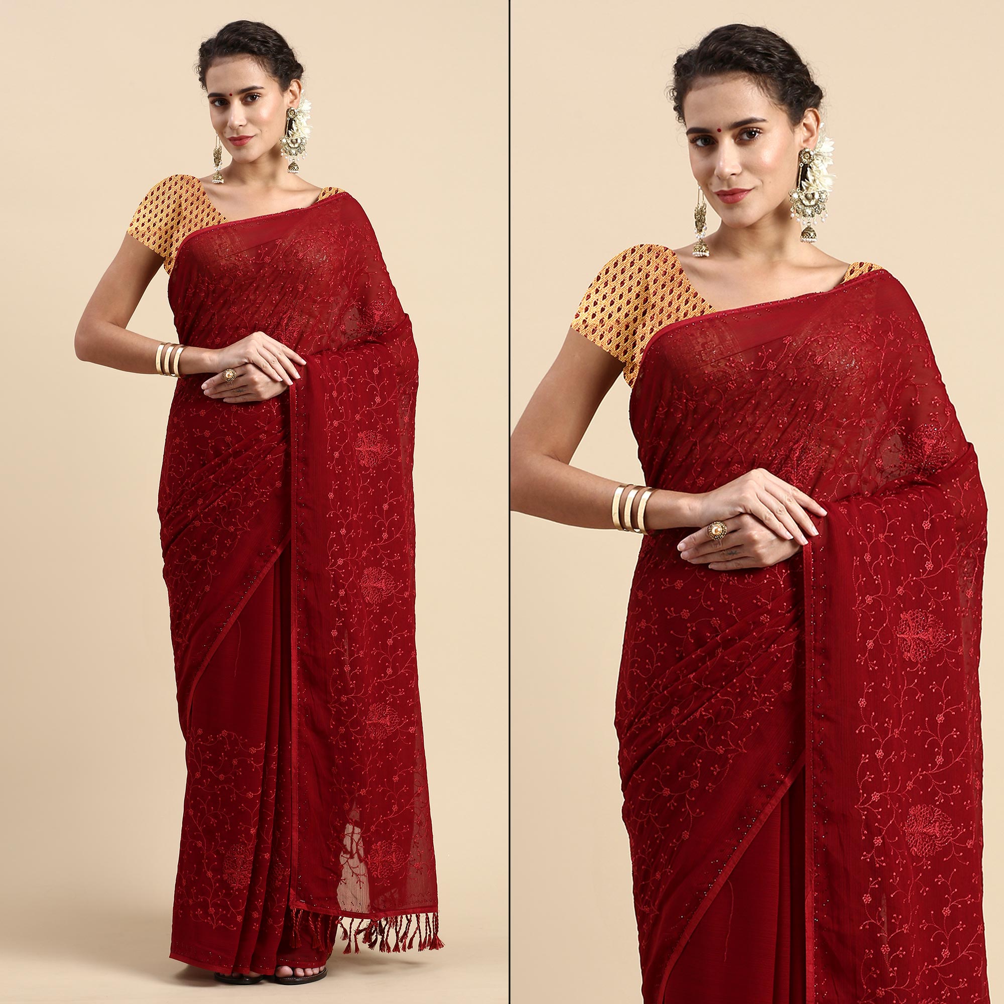 Maroon Floral Embroidered Zomato Silk Saree