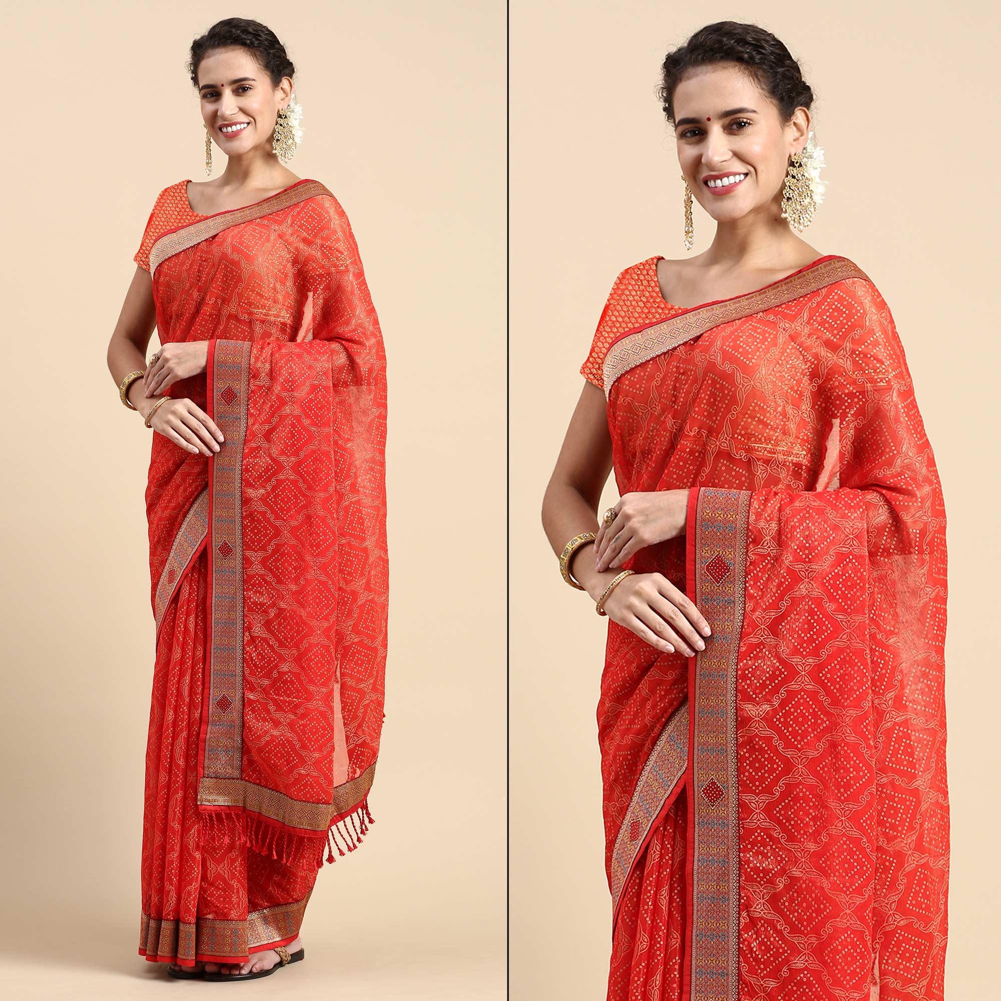 Red Foil Printed With Fancy Border Chiffon Saree