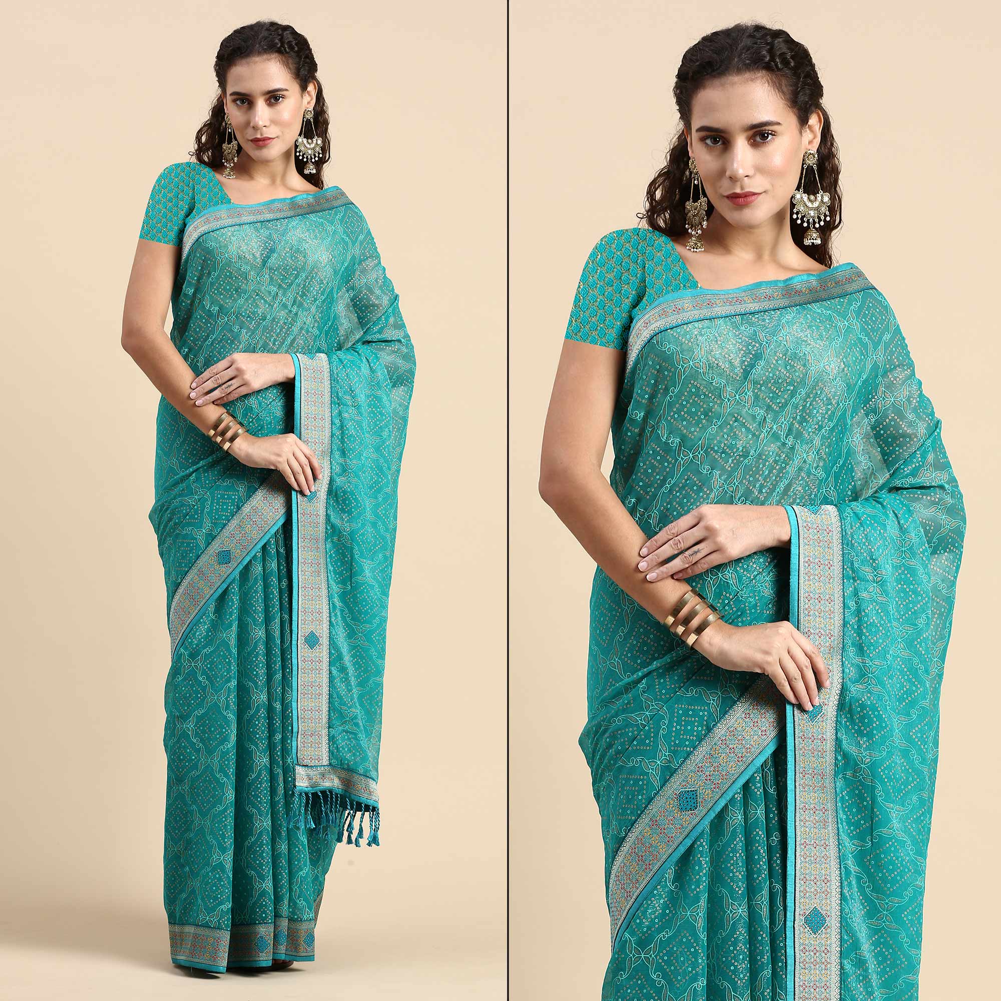 Turquoise Foil Printed With Fancy Border Chiffon Saree