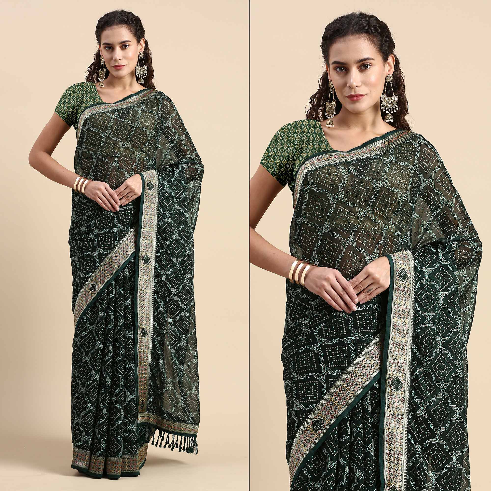 Green Foil Printed With Fancy Border Chiffon Saree