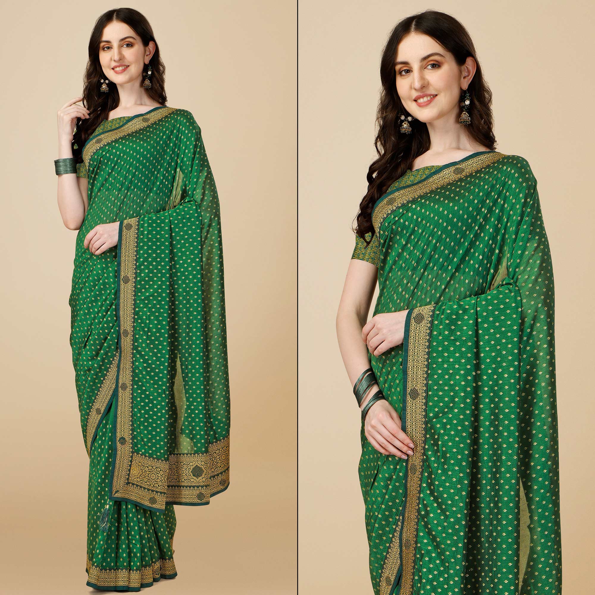 Green Foil Printed With Swarovski Vichitra Silk Saree