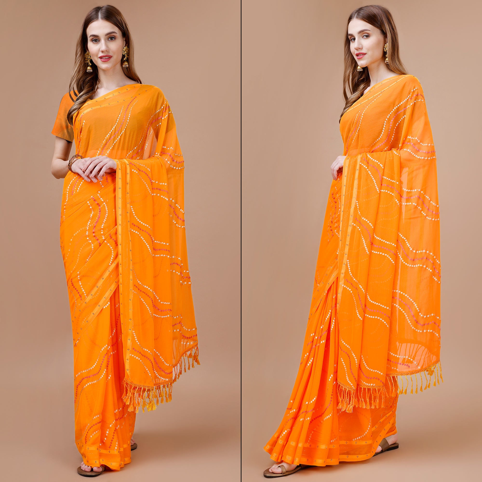 Orange Bandhani Printed Chiffon Saree With Tassels