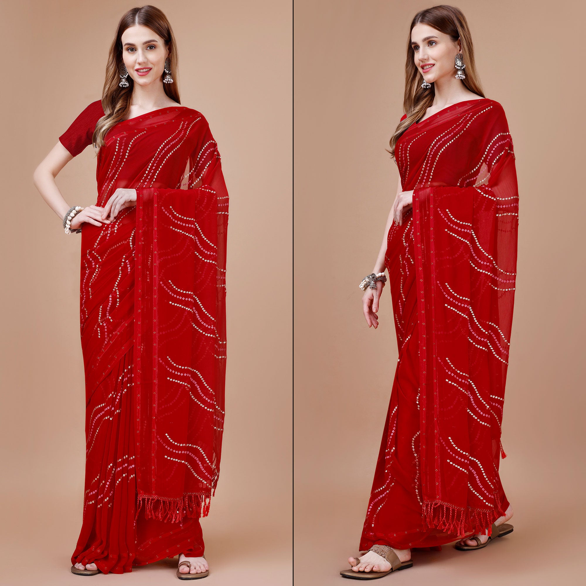 Red Bandhani Printed Chiffon Saree With Tassels