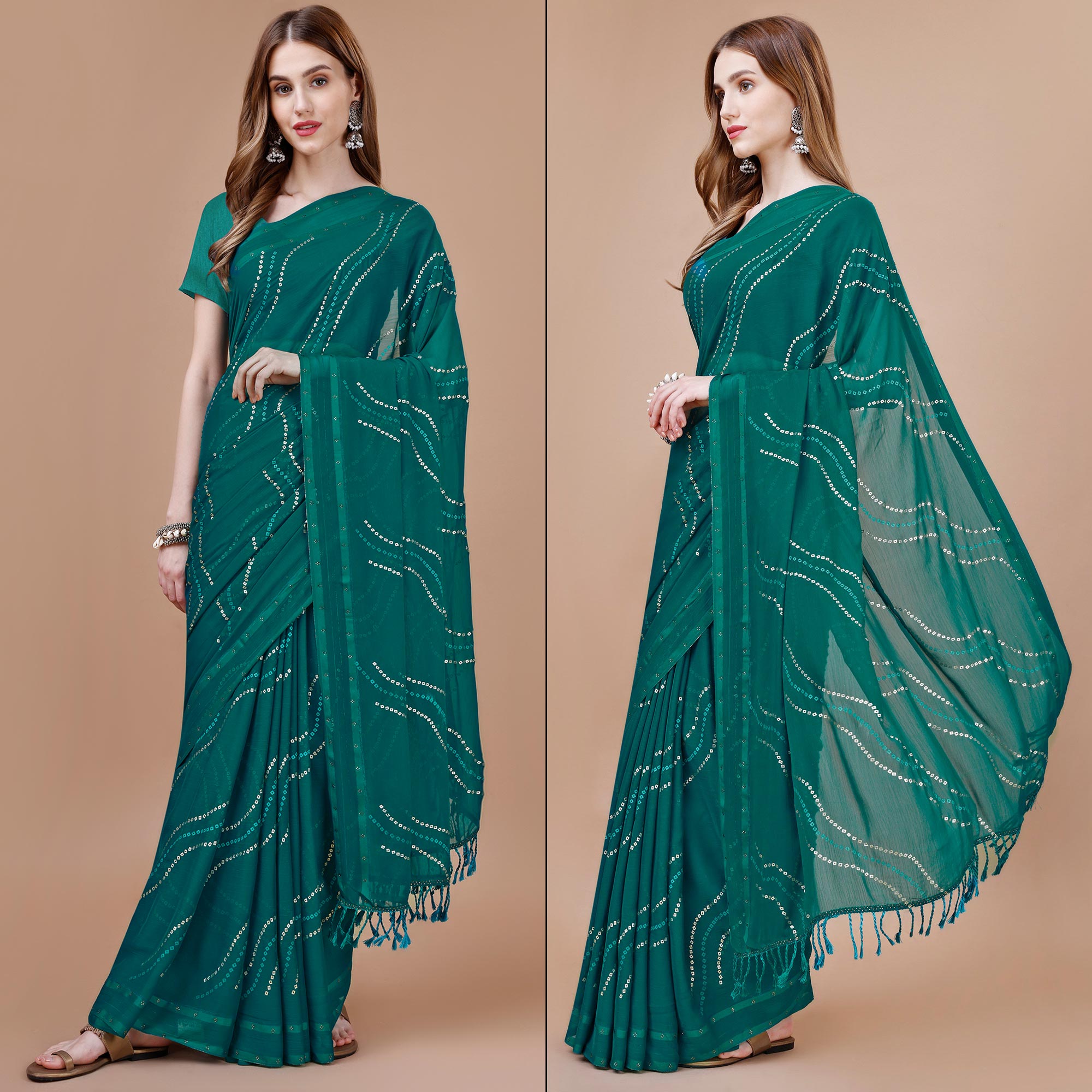 Teal Blue Bandhani Printed Chiffon Saree With Tassels