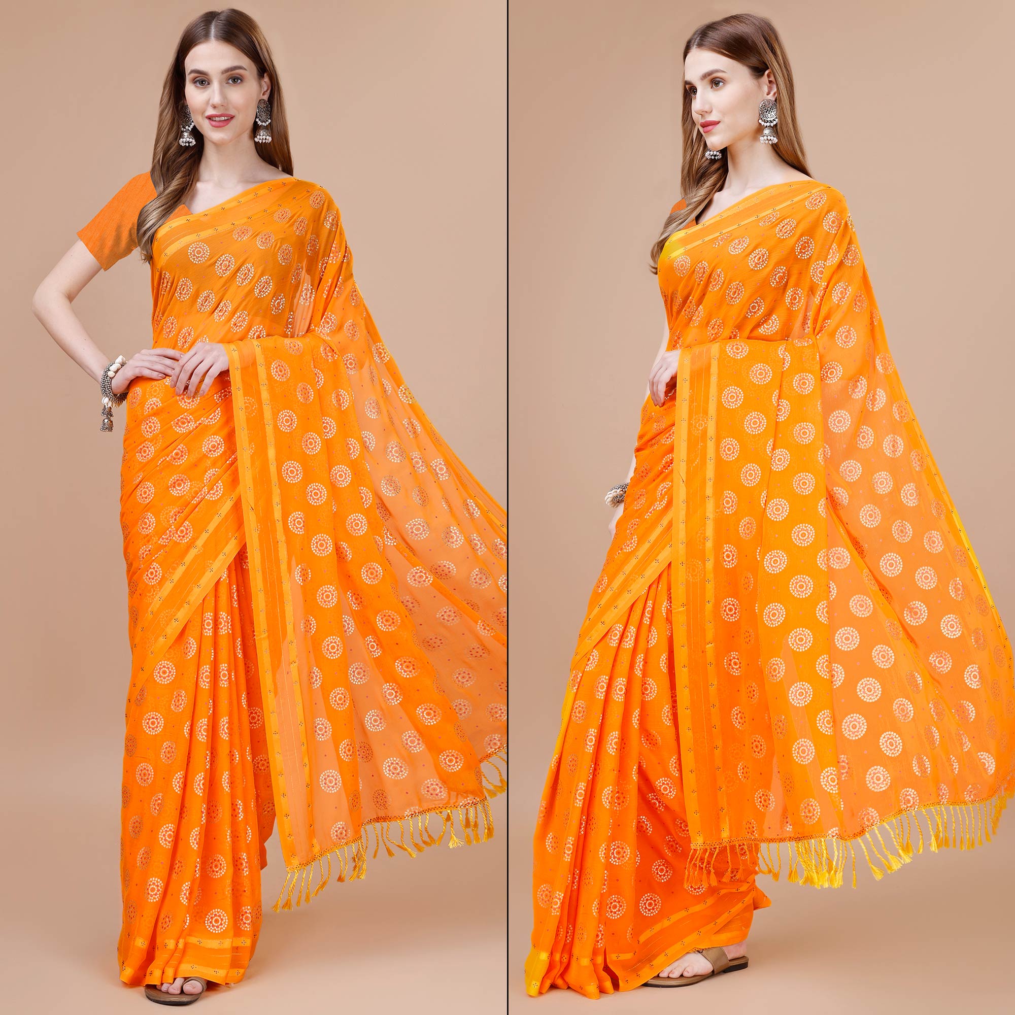 Orange Foil Printed Chiffon Saree With Tassels