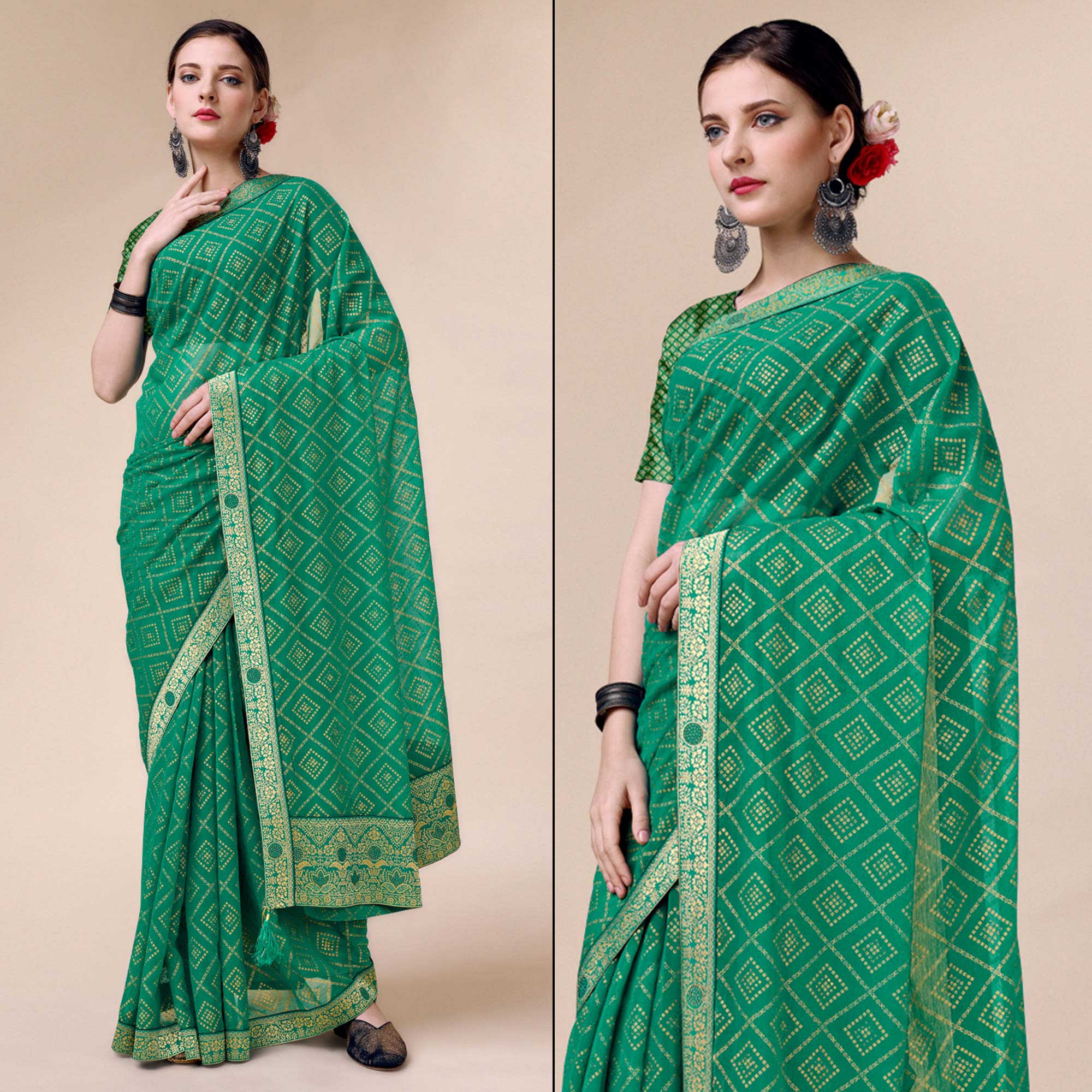 Green Bandhani Foil Printed Chiffon Saree With Tassels