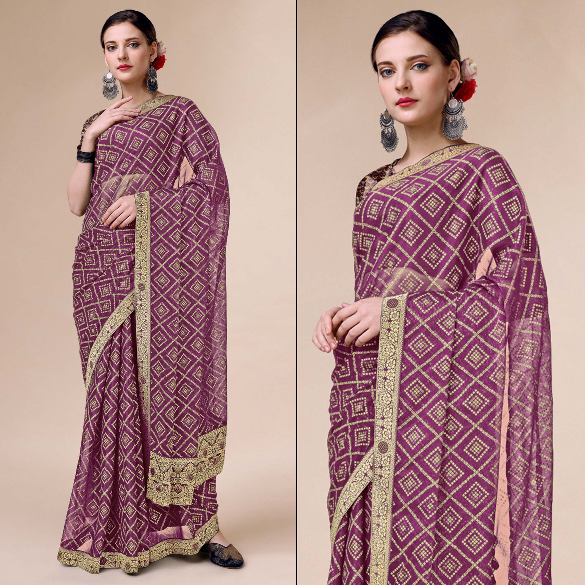 Purple Bandhani Foil Printed Chiffon Saree With Tassels