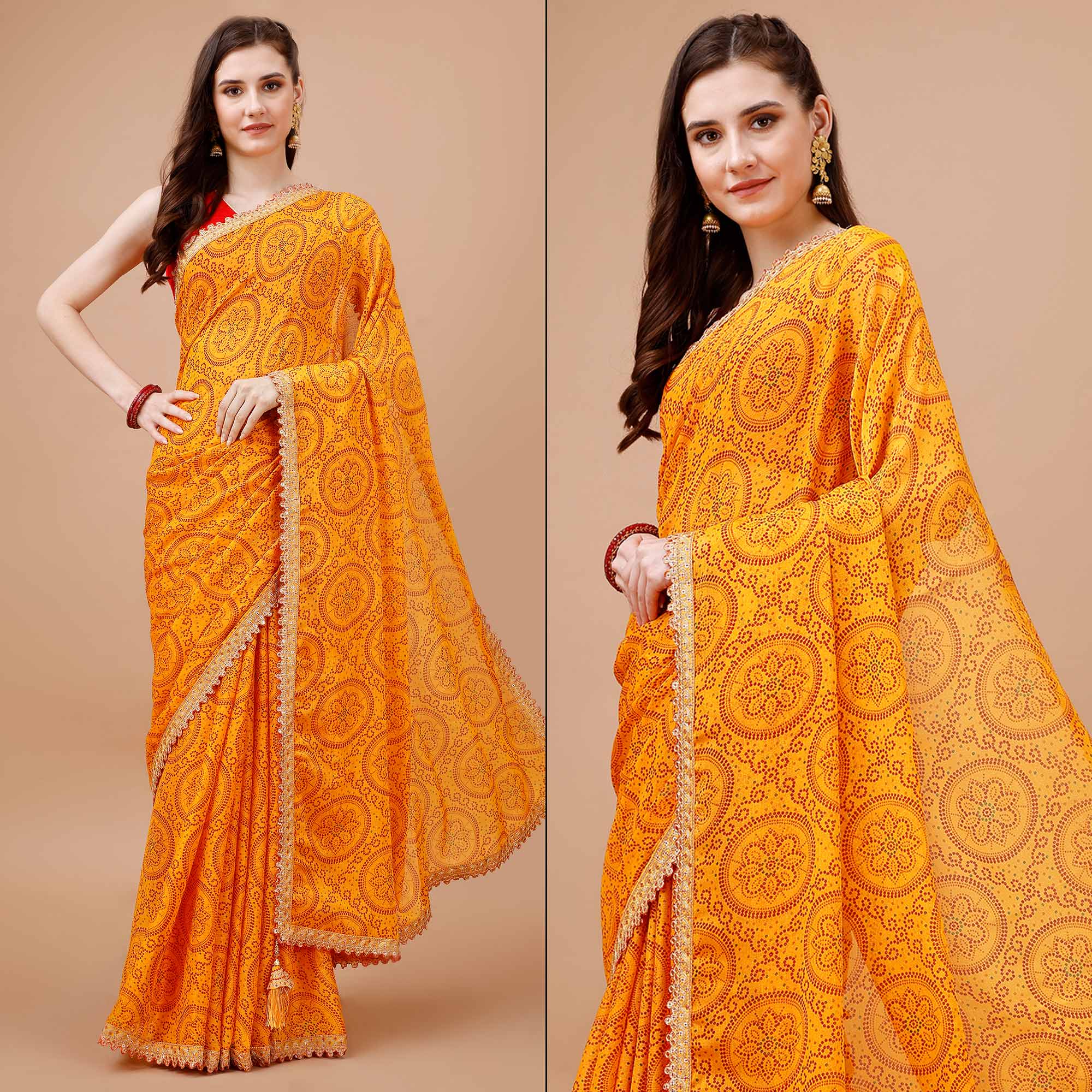 Yellow Bandhani Printed Chiffon Saree