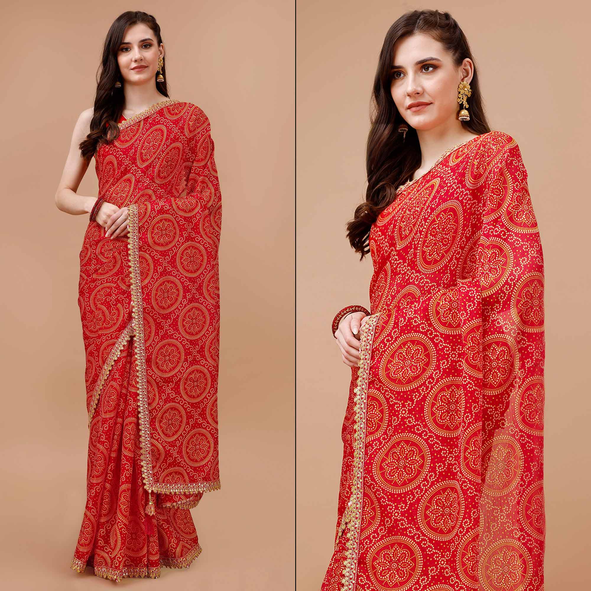Red Lasting Bandhani Saree main image 0
