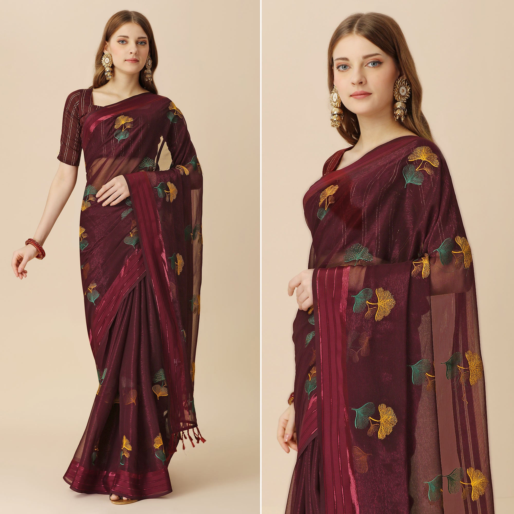 Maroon Floral Embroidered Chiffon Saree With With Tassels