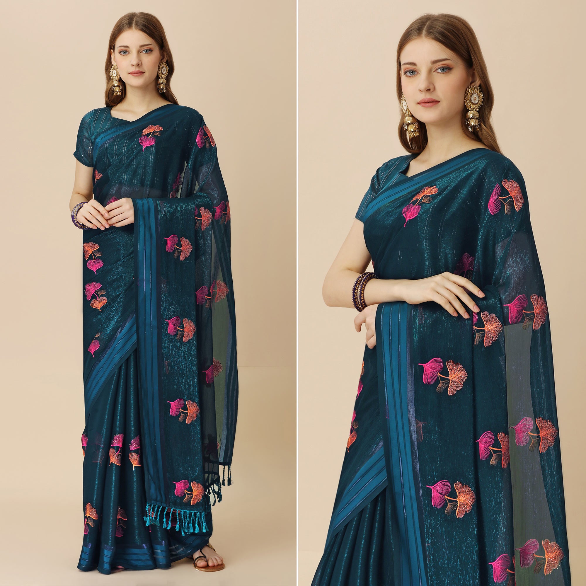 Dark Blue Floral Embroidered Chiffon Saree With With Tassels