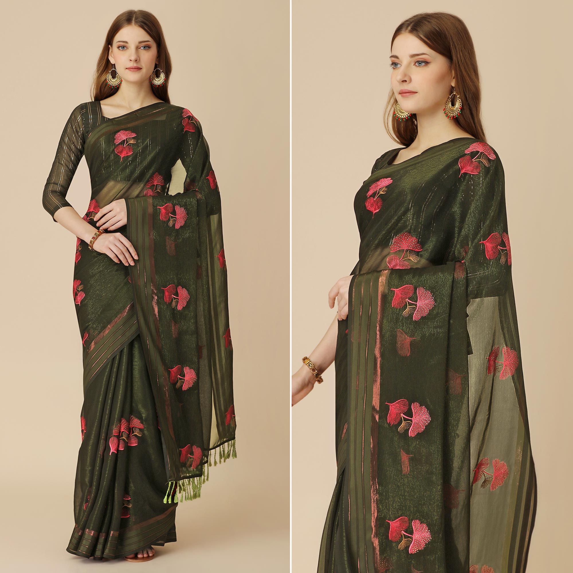 Mehendi Green Floral Embroidered Chiffon Saree With With Tassels