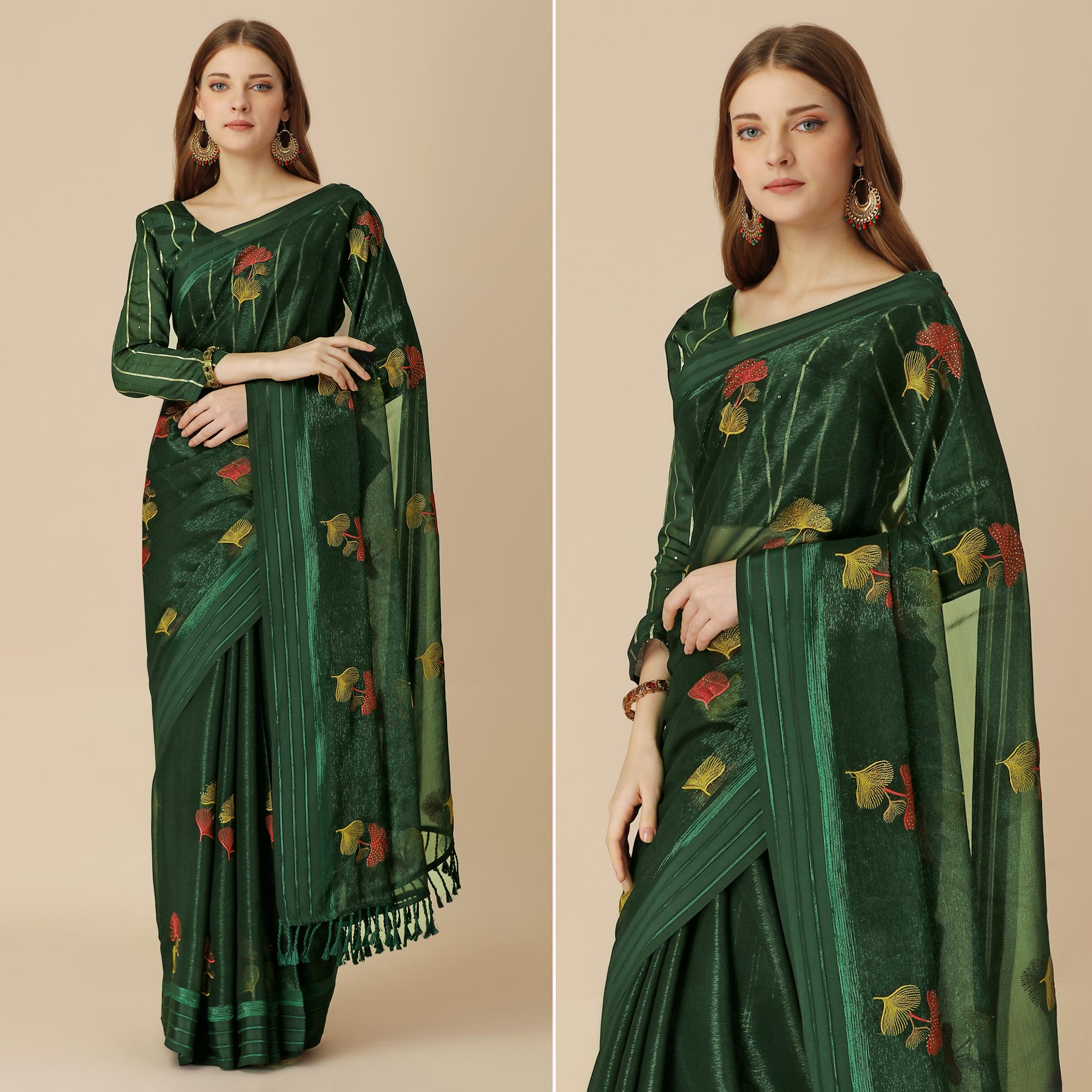 Green Floral Embroidered Chiffon Saree With With Tassels