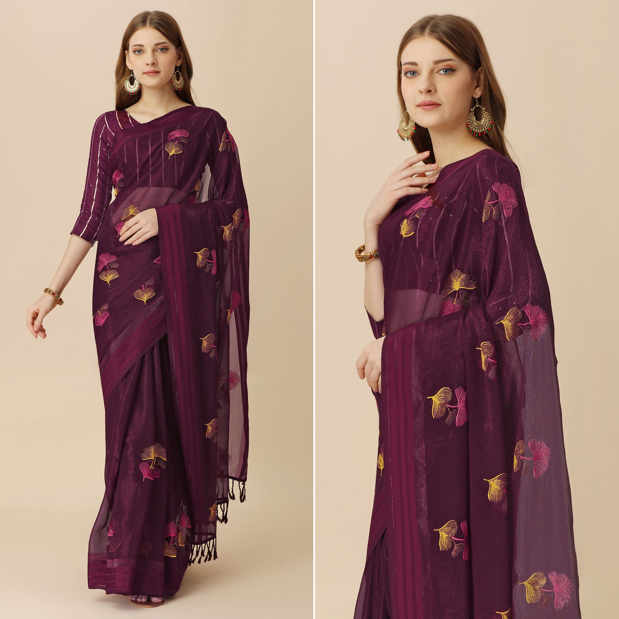 Wine Floral Embroidered Chiffon Saree With With Tassels