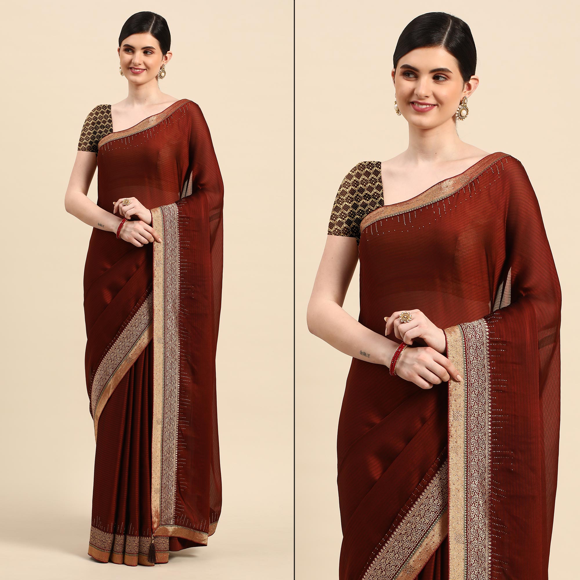 Rust Swarovski With Fancy Border Satin Silk Saree