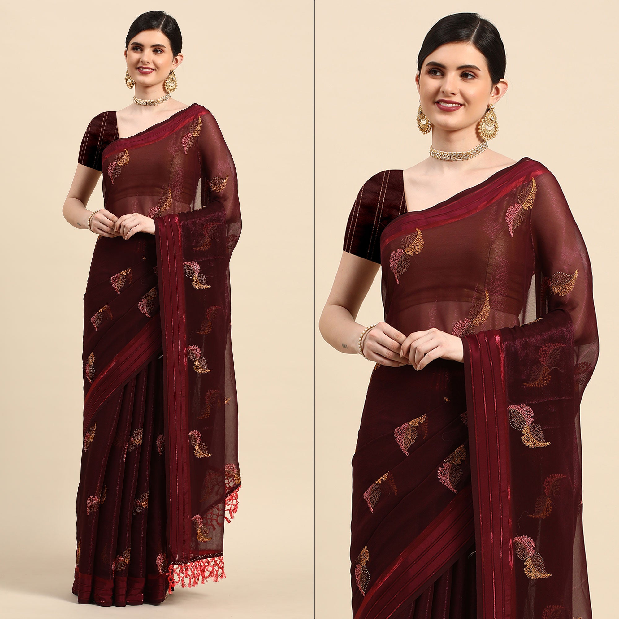 Wine Swarovski With Embroidery Work Chiffon Saree