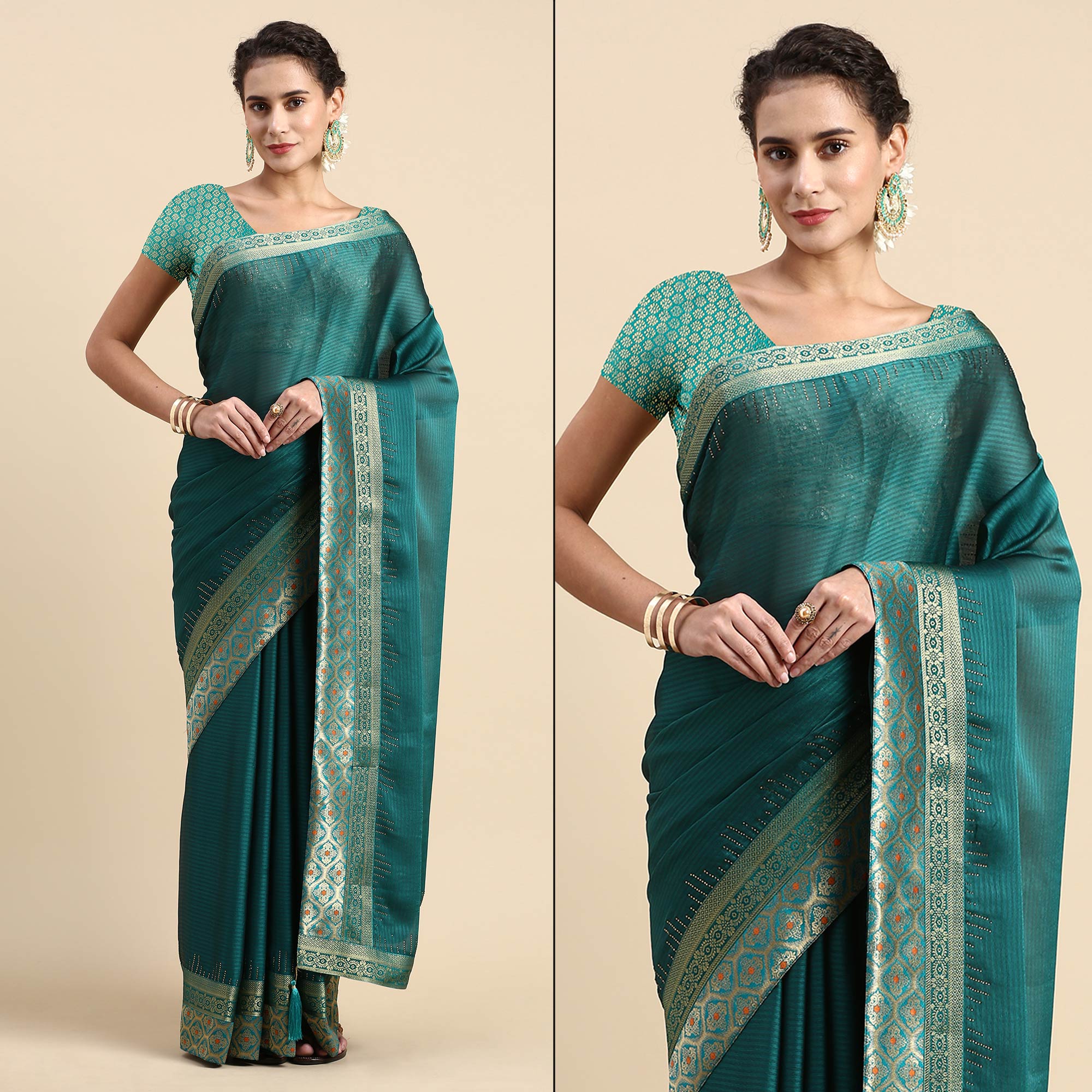 Turquoise Blue Swaroski Work With Woven Border Satin Saree
