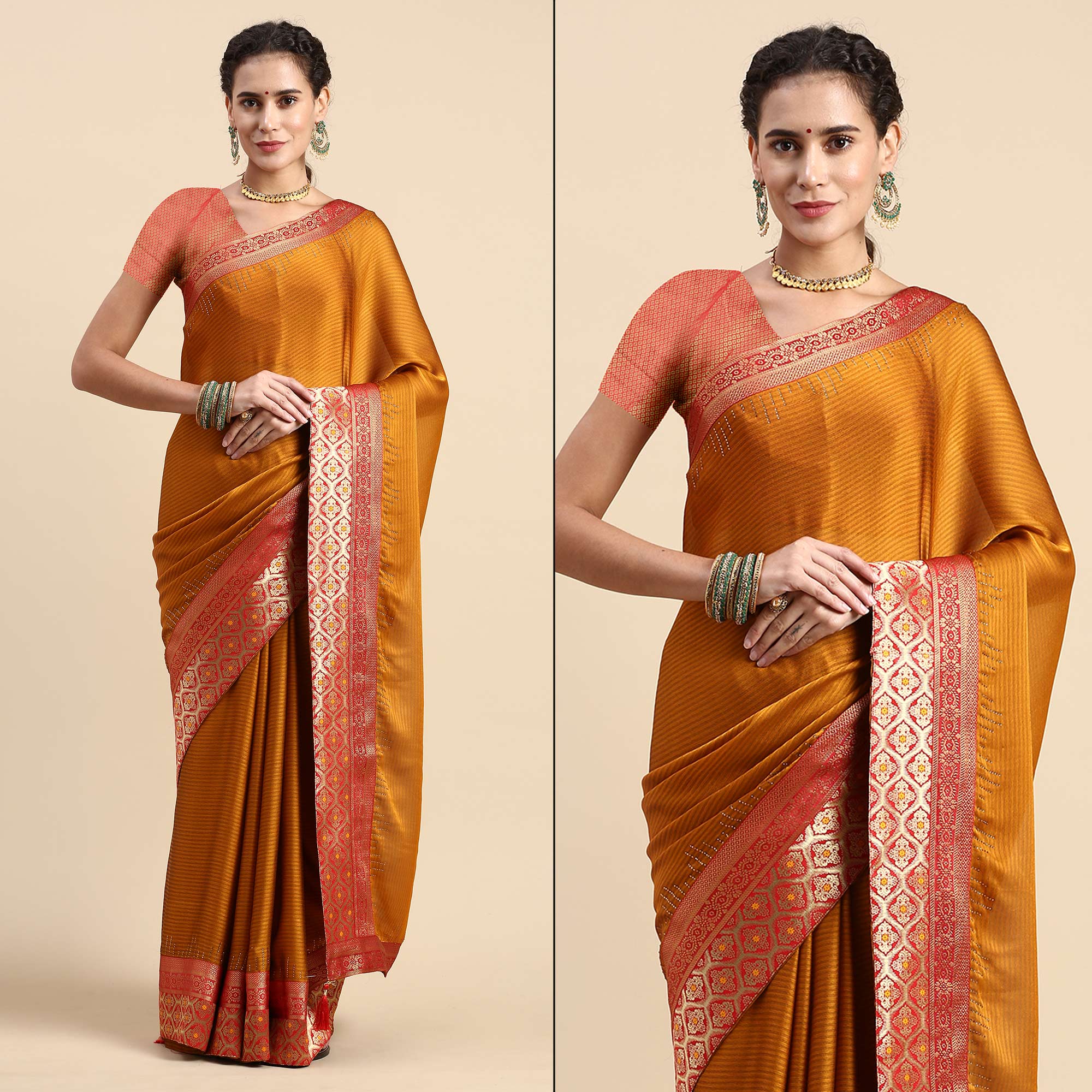 Mustard Swaroski Work With Woven Border Satin Saree