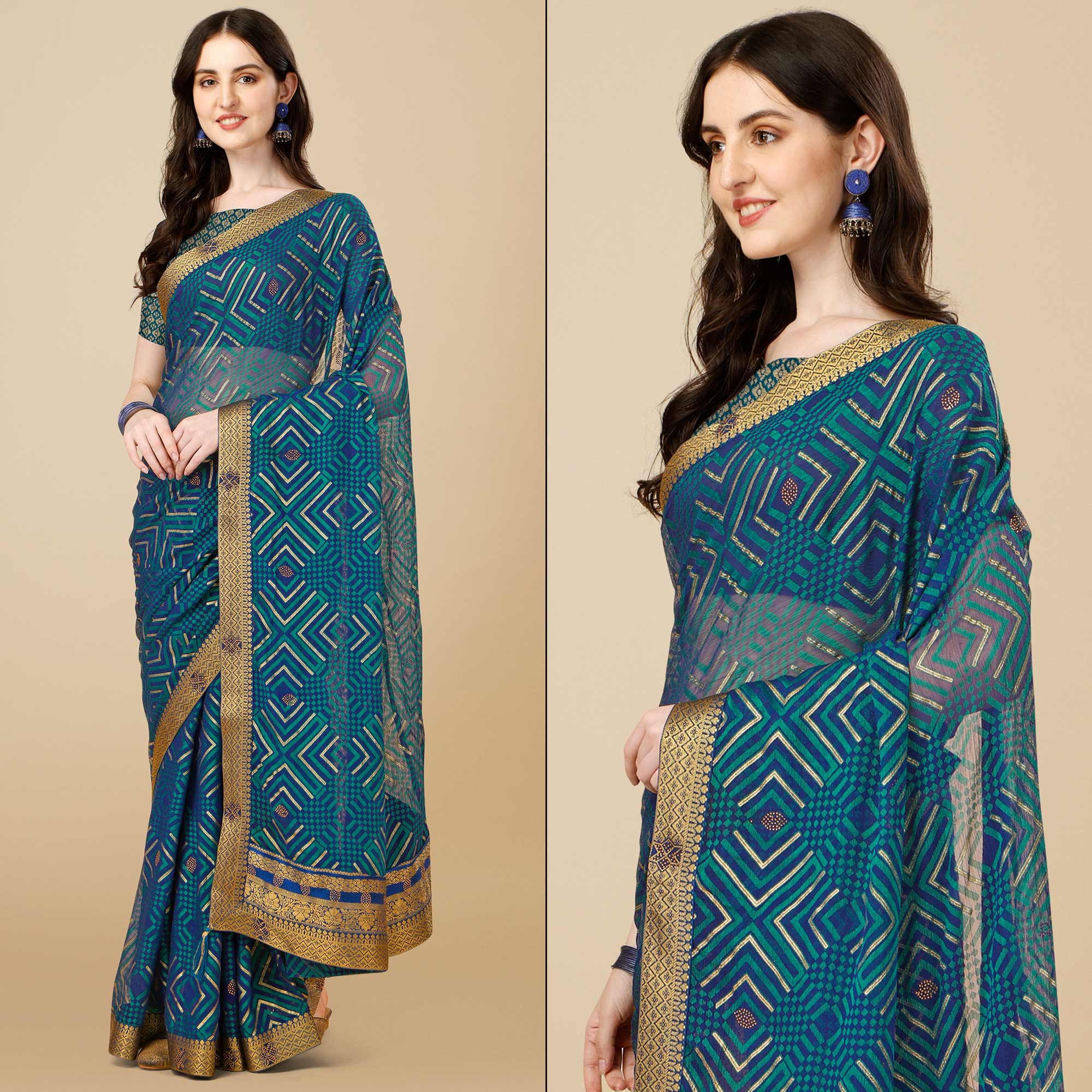 Blue Geometric Printed Brasso Saree