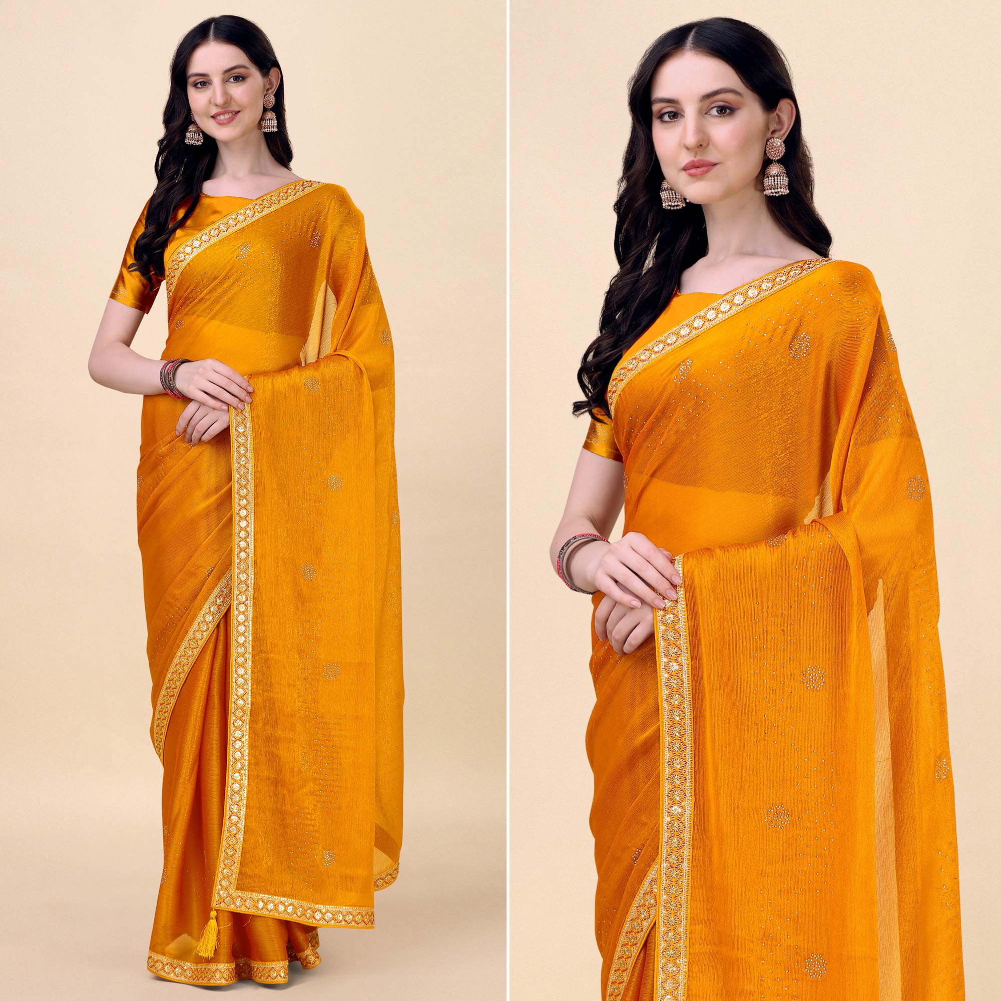 Yellow Swarovski With Sequins Embroidered Chiffon Saree