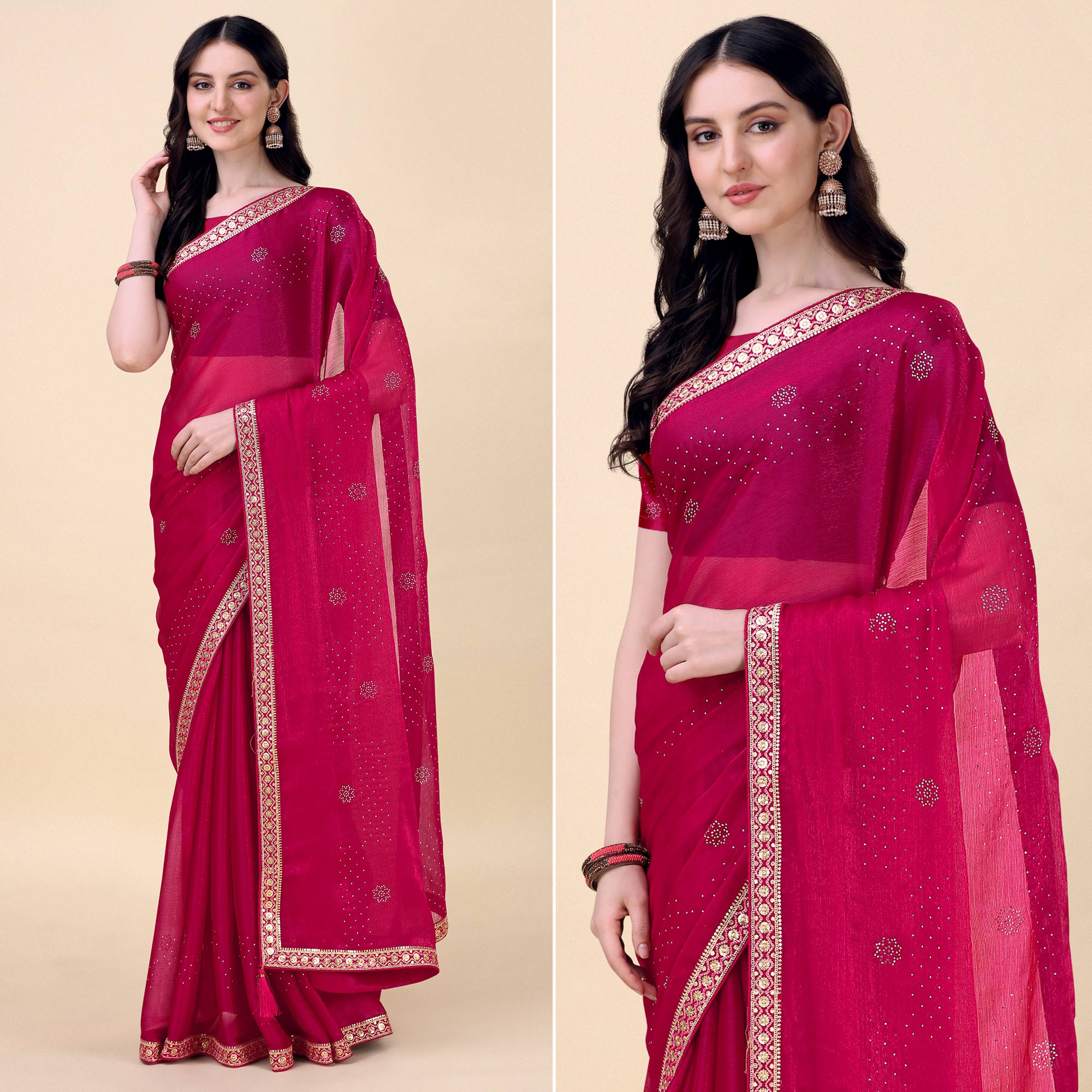Pink Swarovski With Sequins Embroidered Chiffon Saree