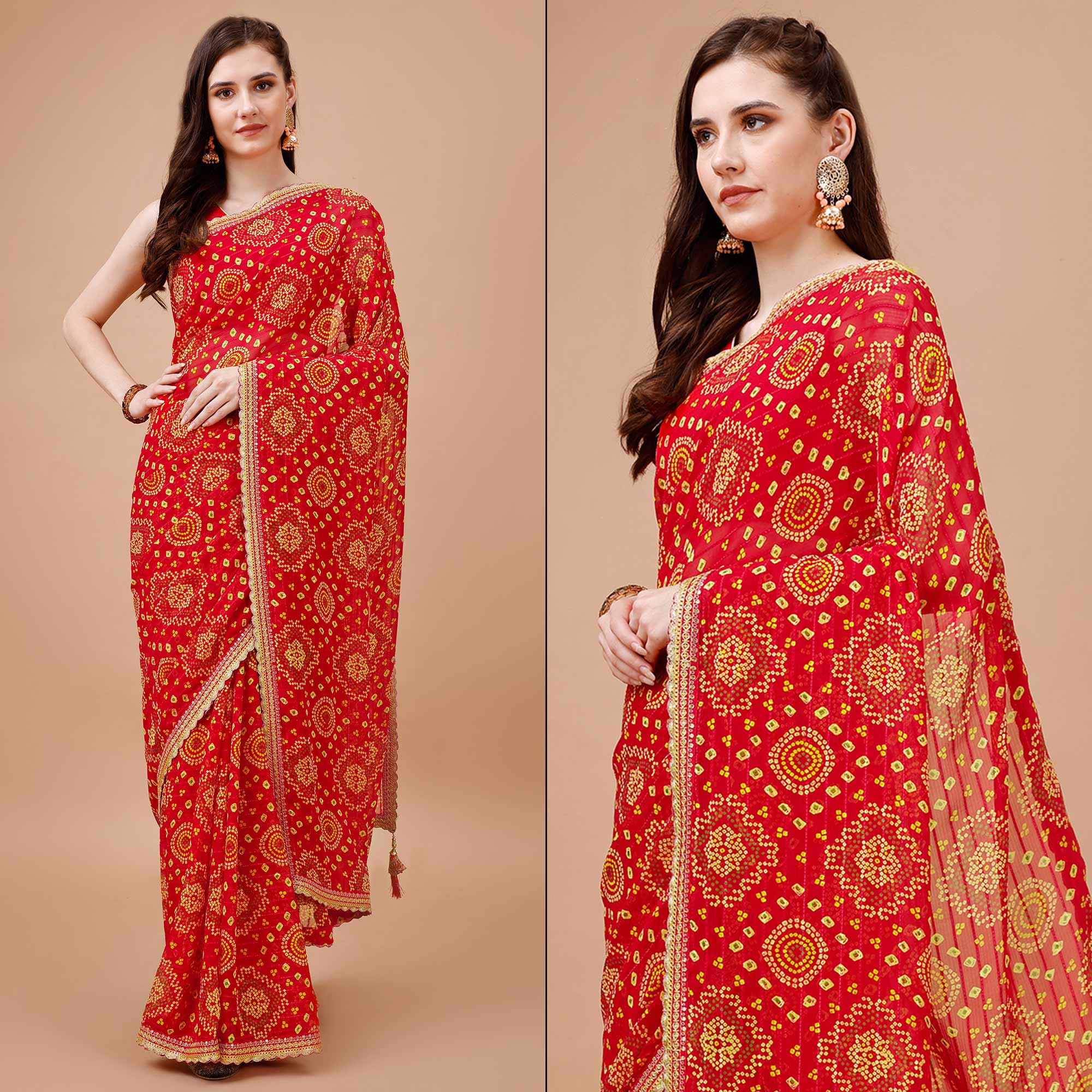 Red Bandhani Printed Georgette Saree