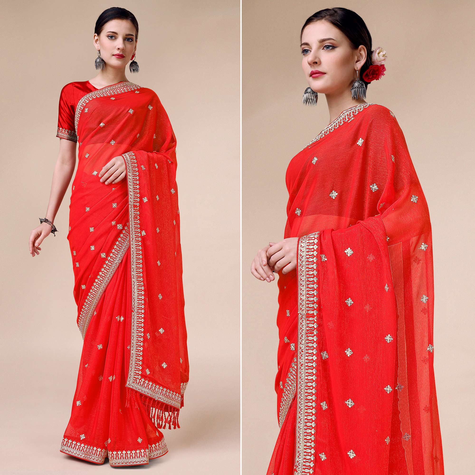 Red Sequins Embroidered Chiffon Saree