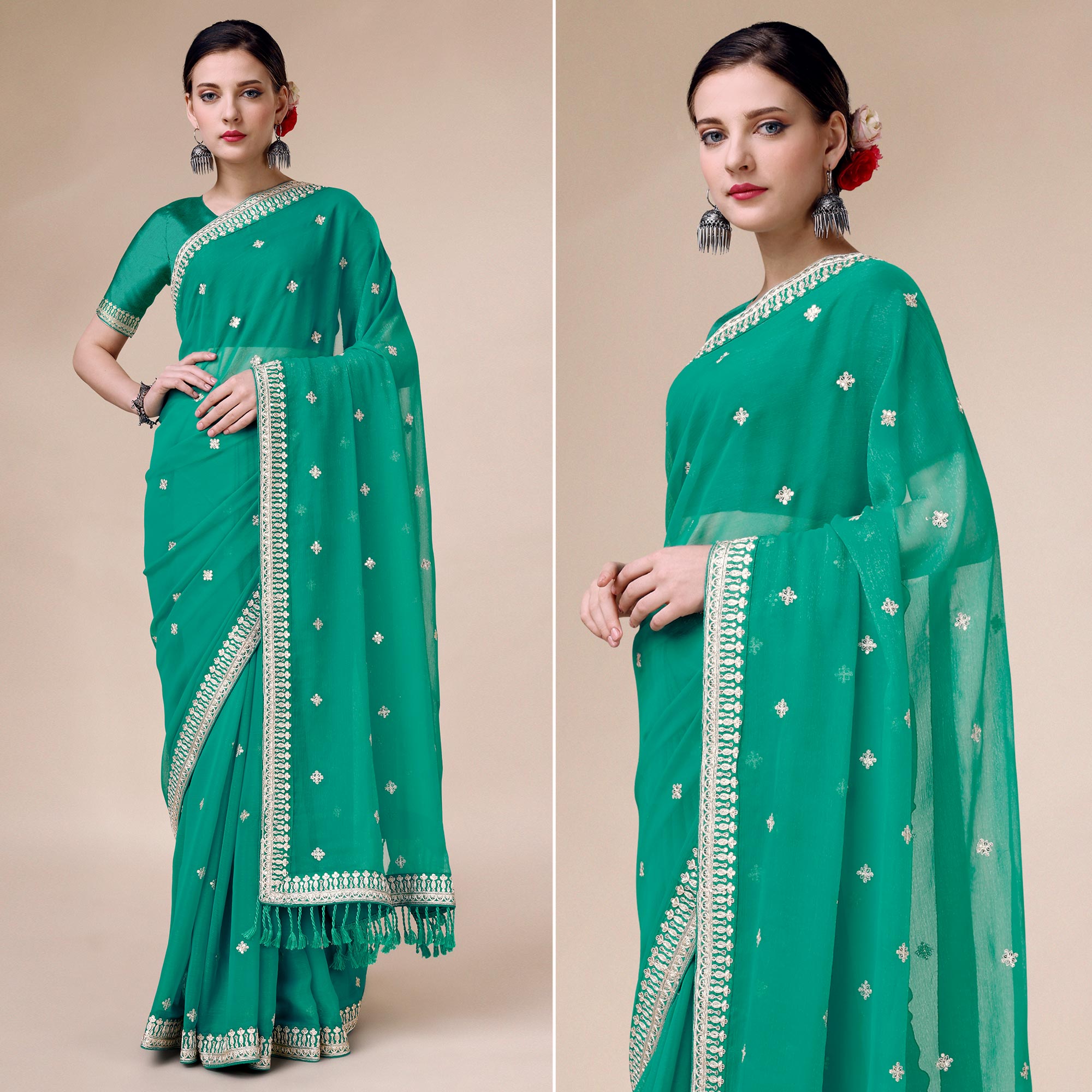 Rama Green Sequins Embroidered Chiffon Saree