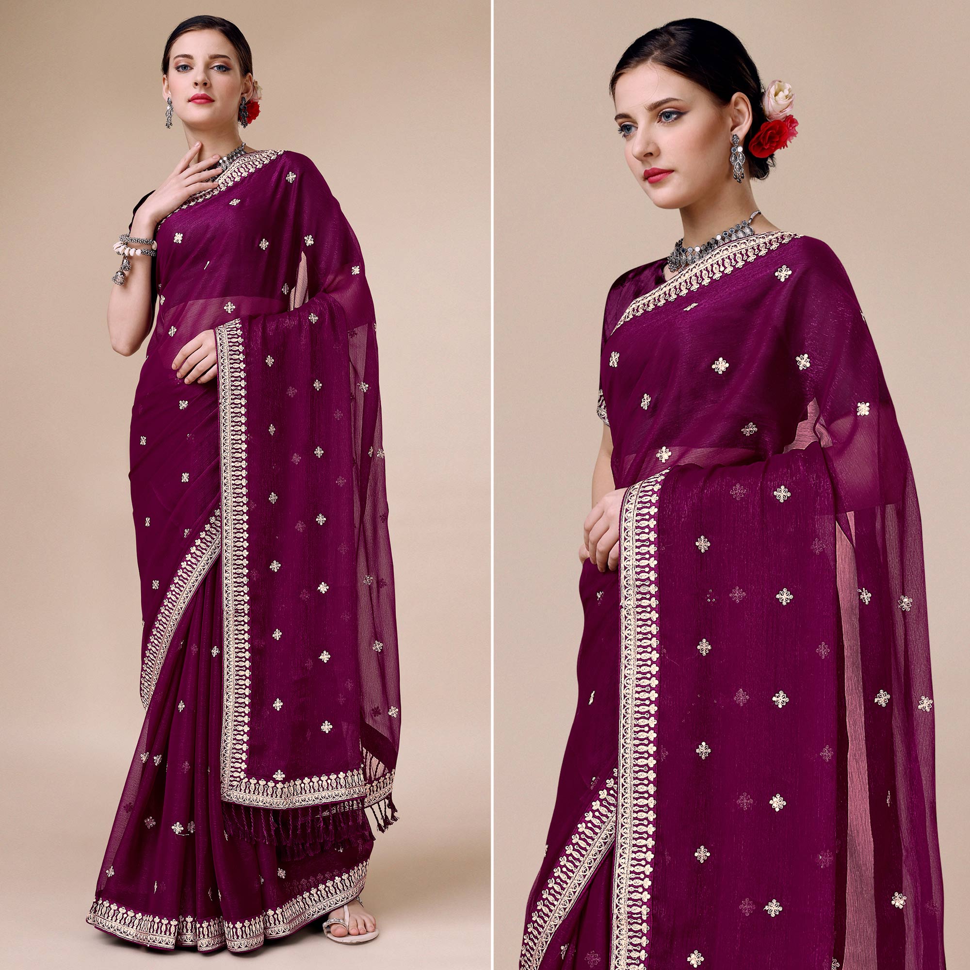 Wine Sequins Embroidered Chiffon Saree