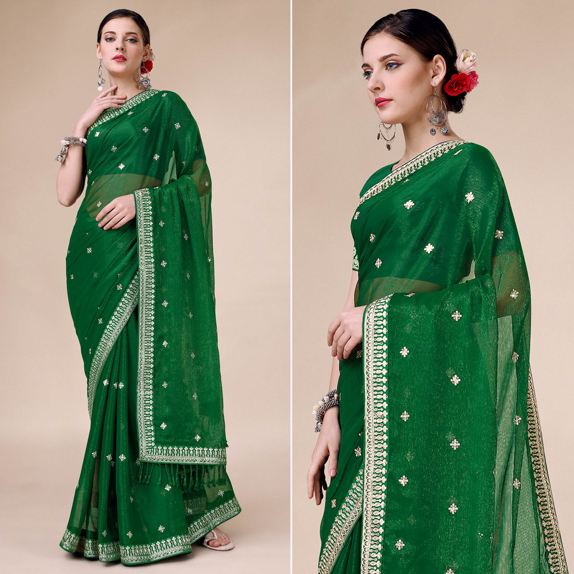 Green Sequins Embroidered Chiffon Saree