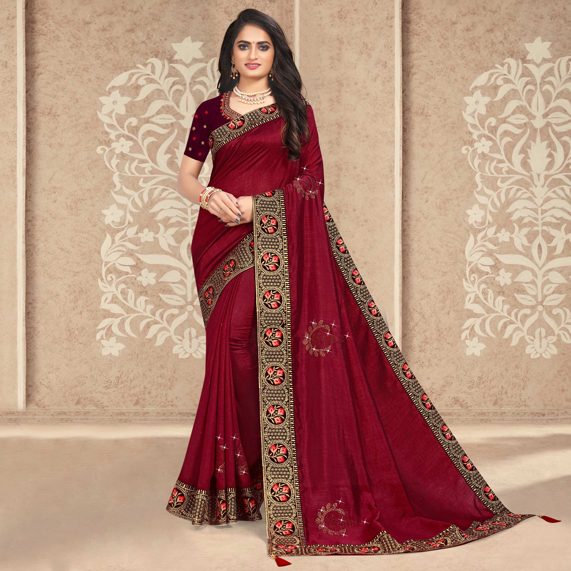 Maroon Embellished Vichitra Silk Saree