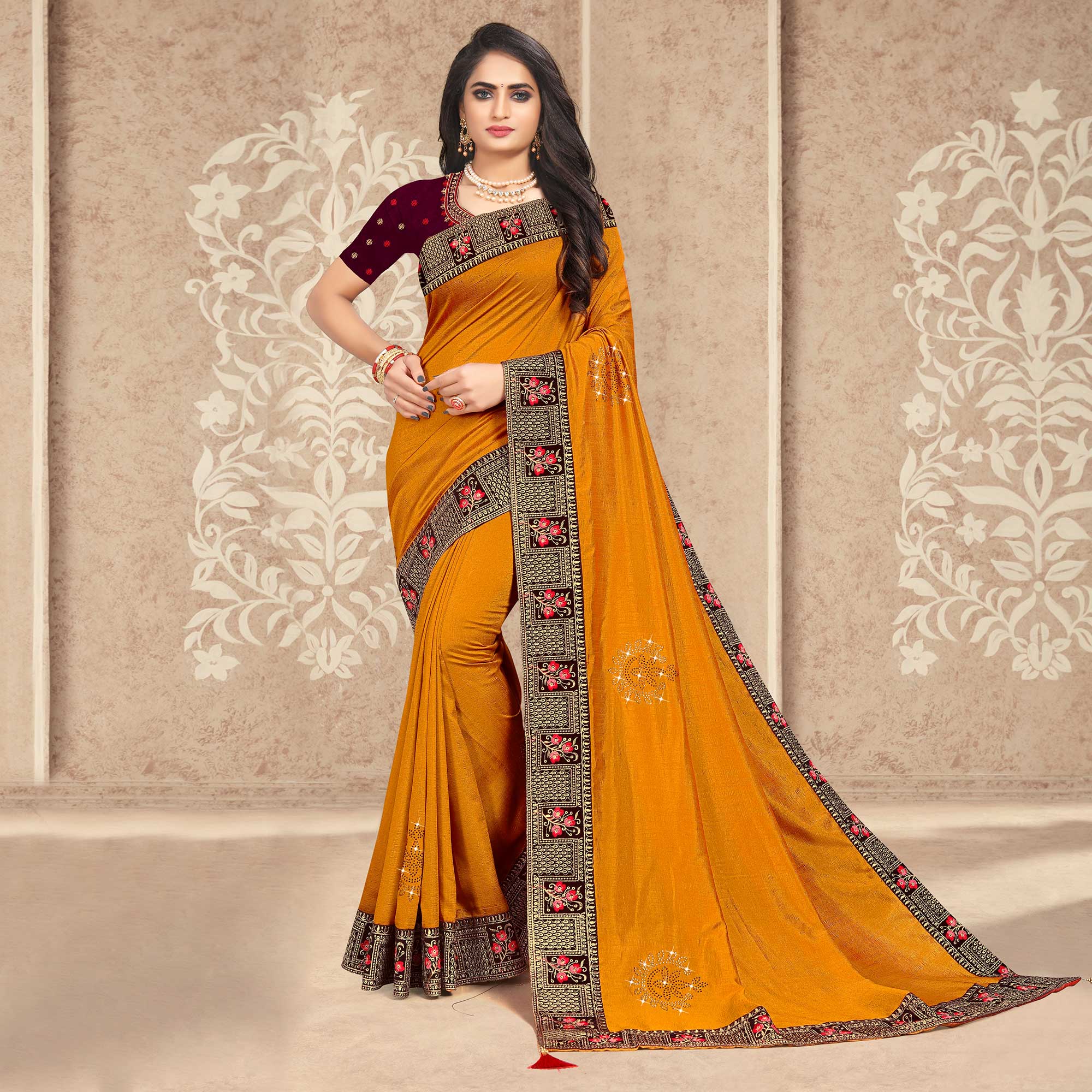 Yellow Embellished Vichitra Silk Saree