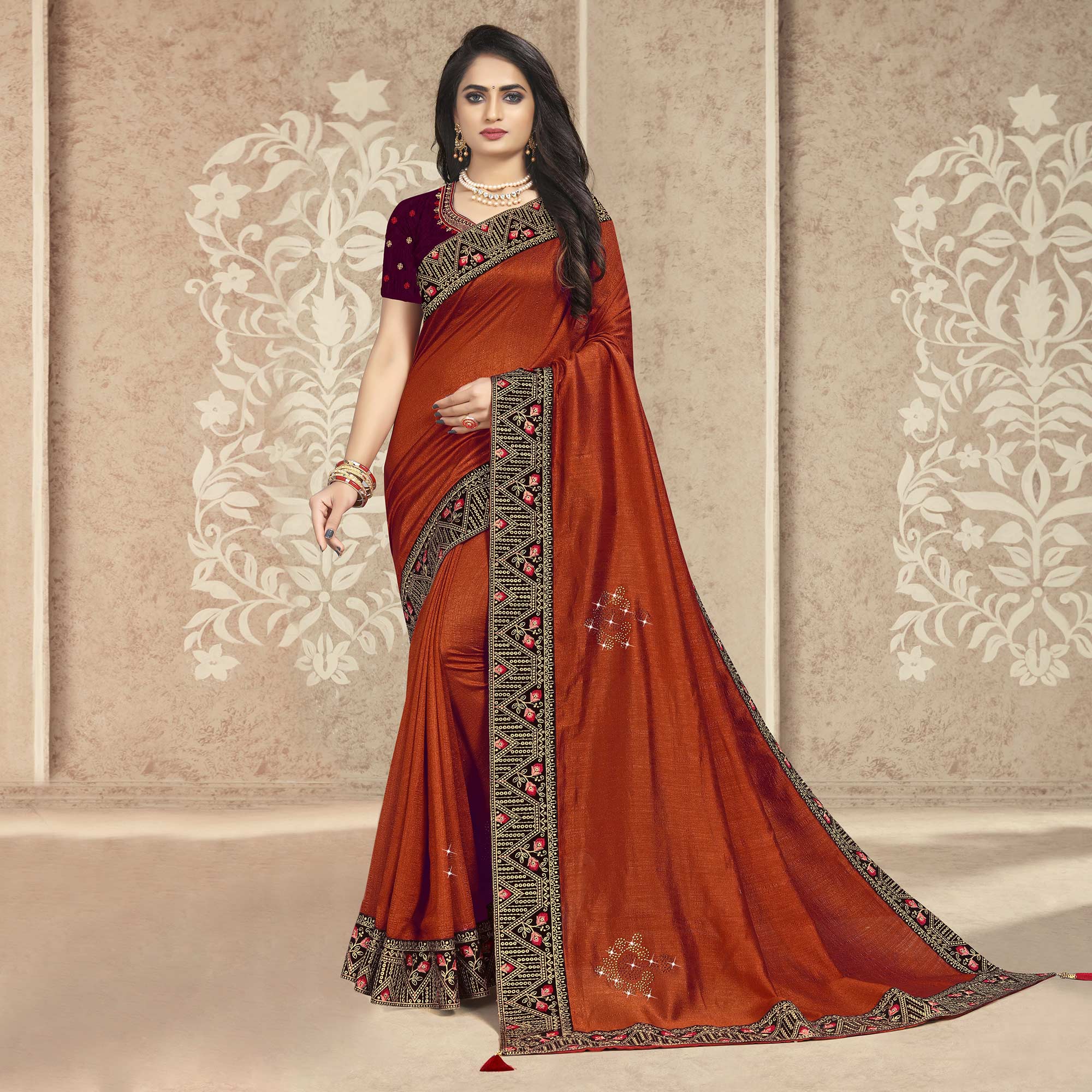 Rust Embellished Vichitra Silk Saree