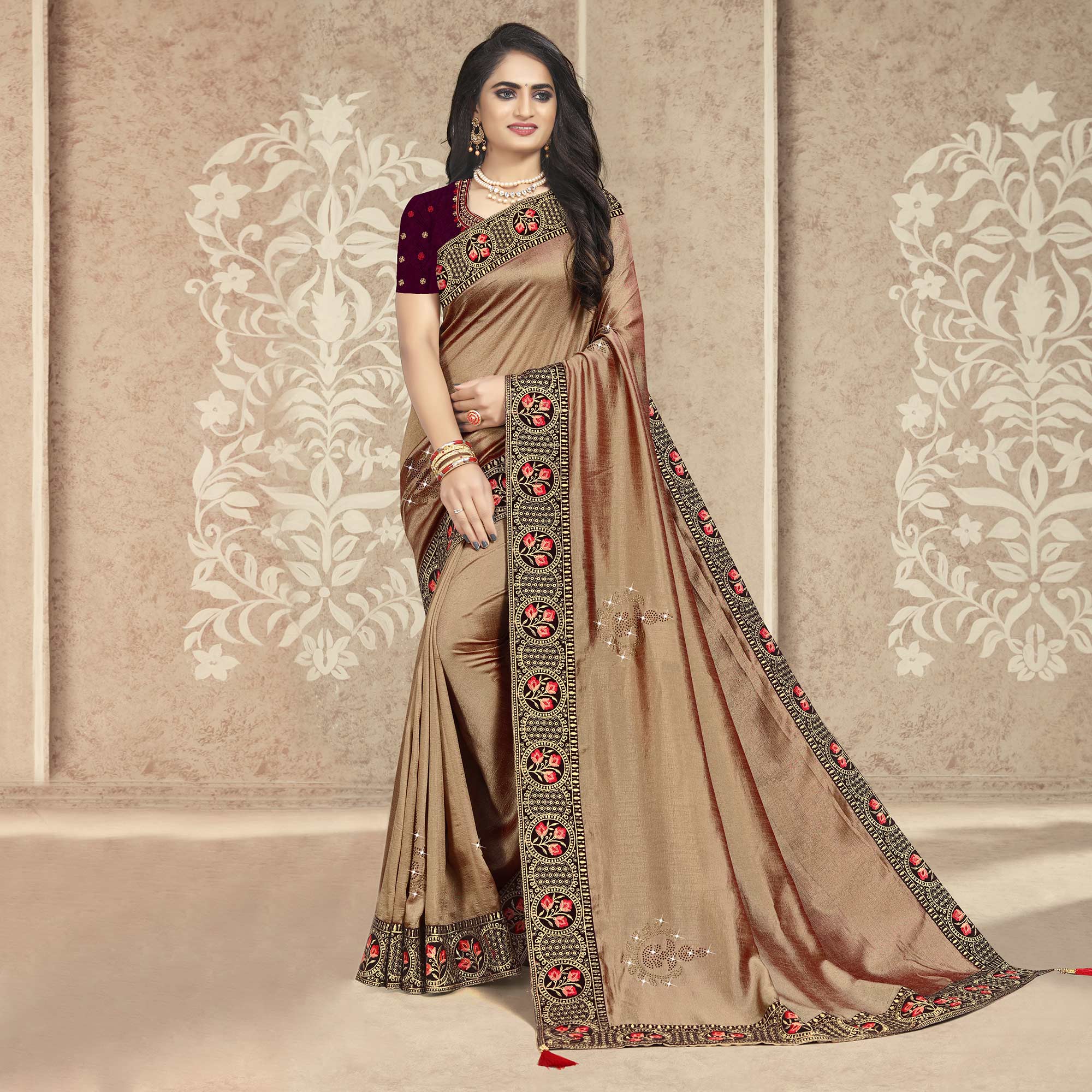 Beige Embellished Vichitra Silk Saree