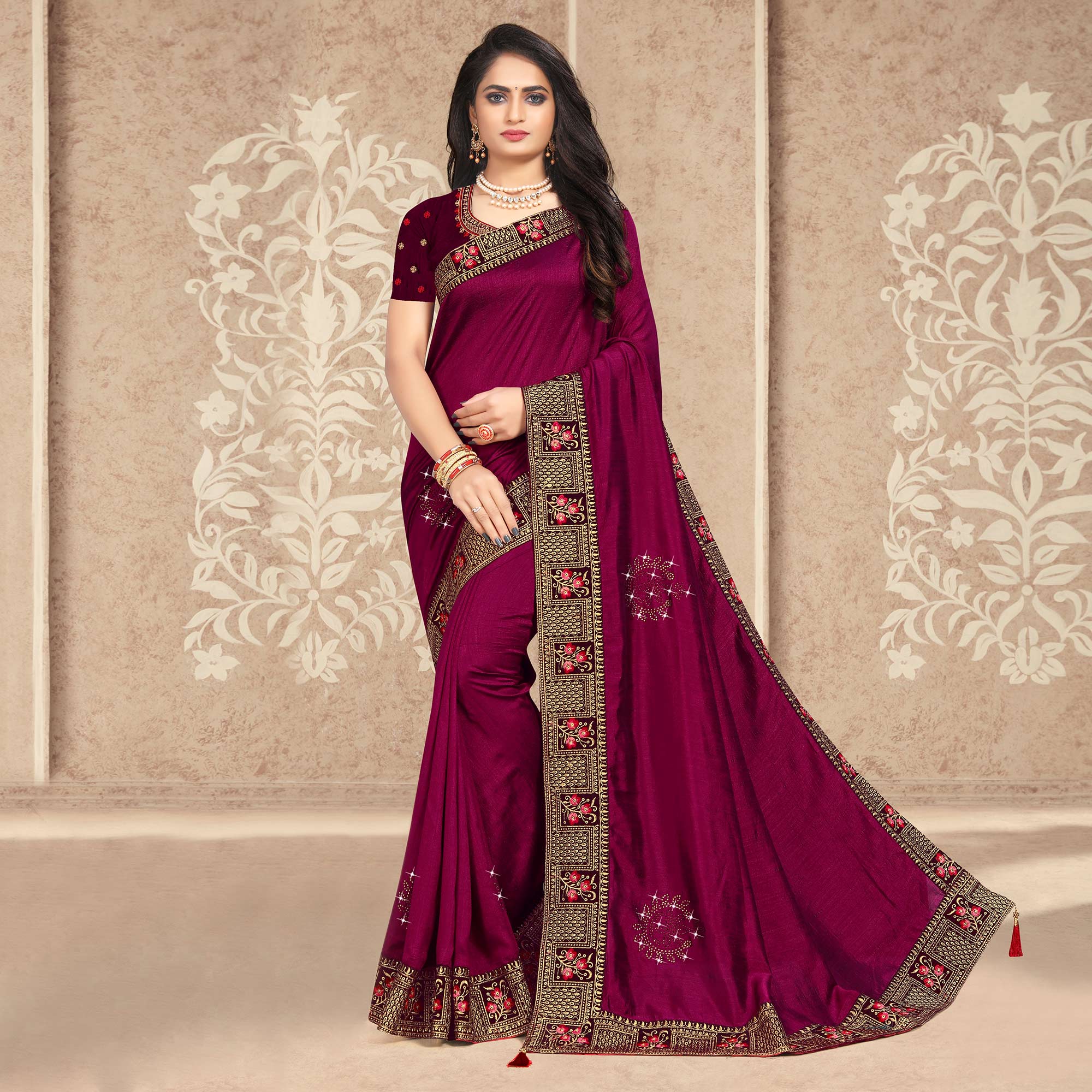 Wine Embellished Vichitra Silk Saree