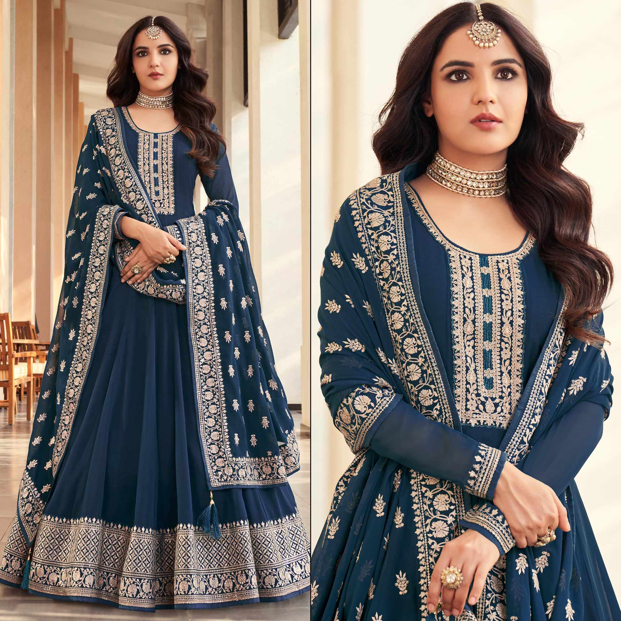 Blue Sequins Embroidered Georgette Semi Stitched Anarkali Suit