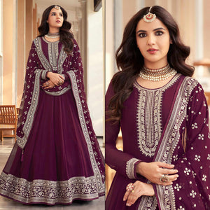 Wine Sequins Embroidered Georgette Semi Stitched Anarkali Suit