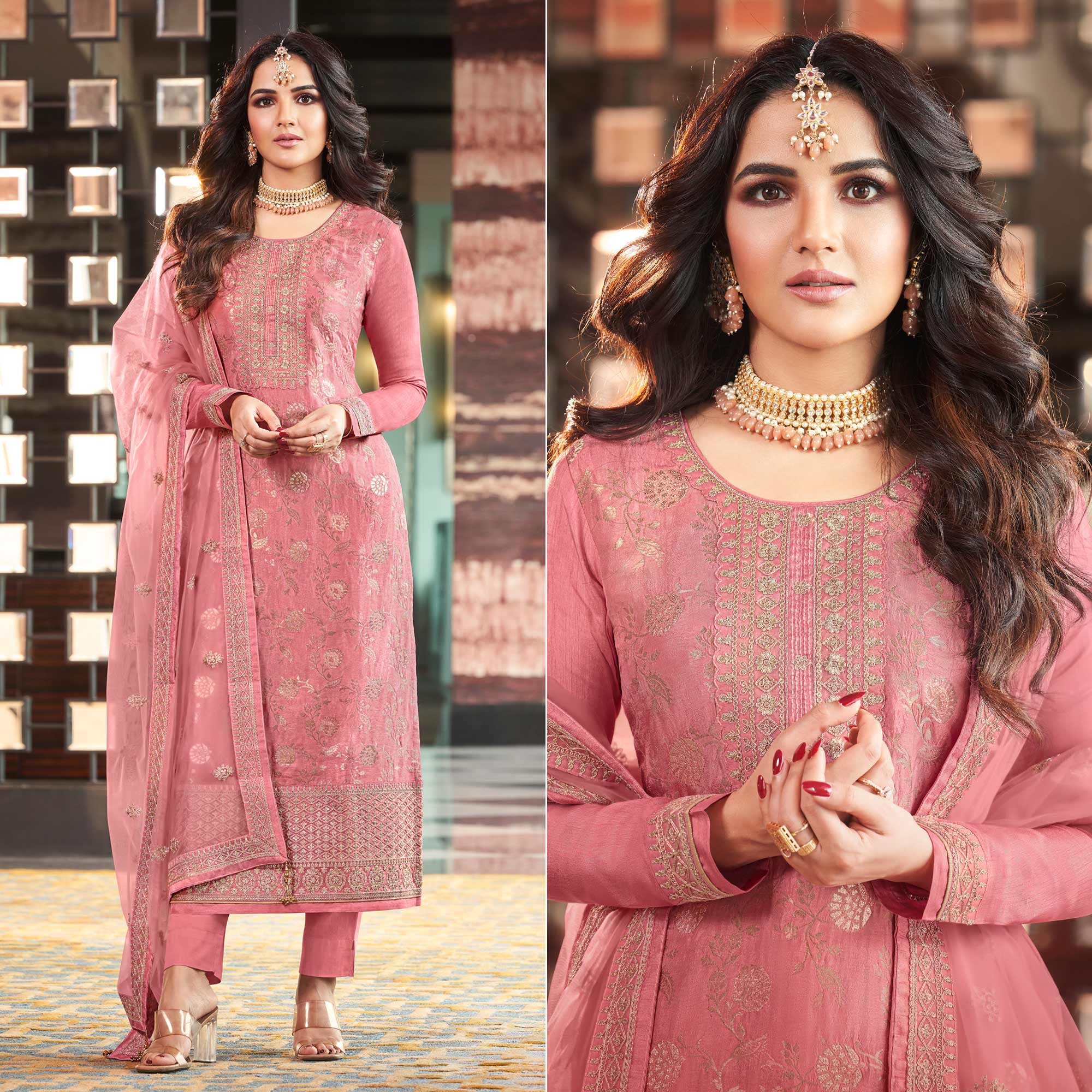 Pink Embroidered Viscose Semi Stitched Salwar Suit