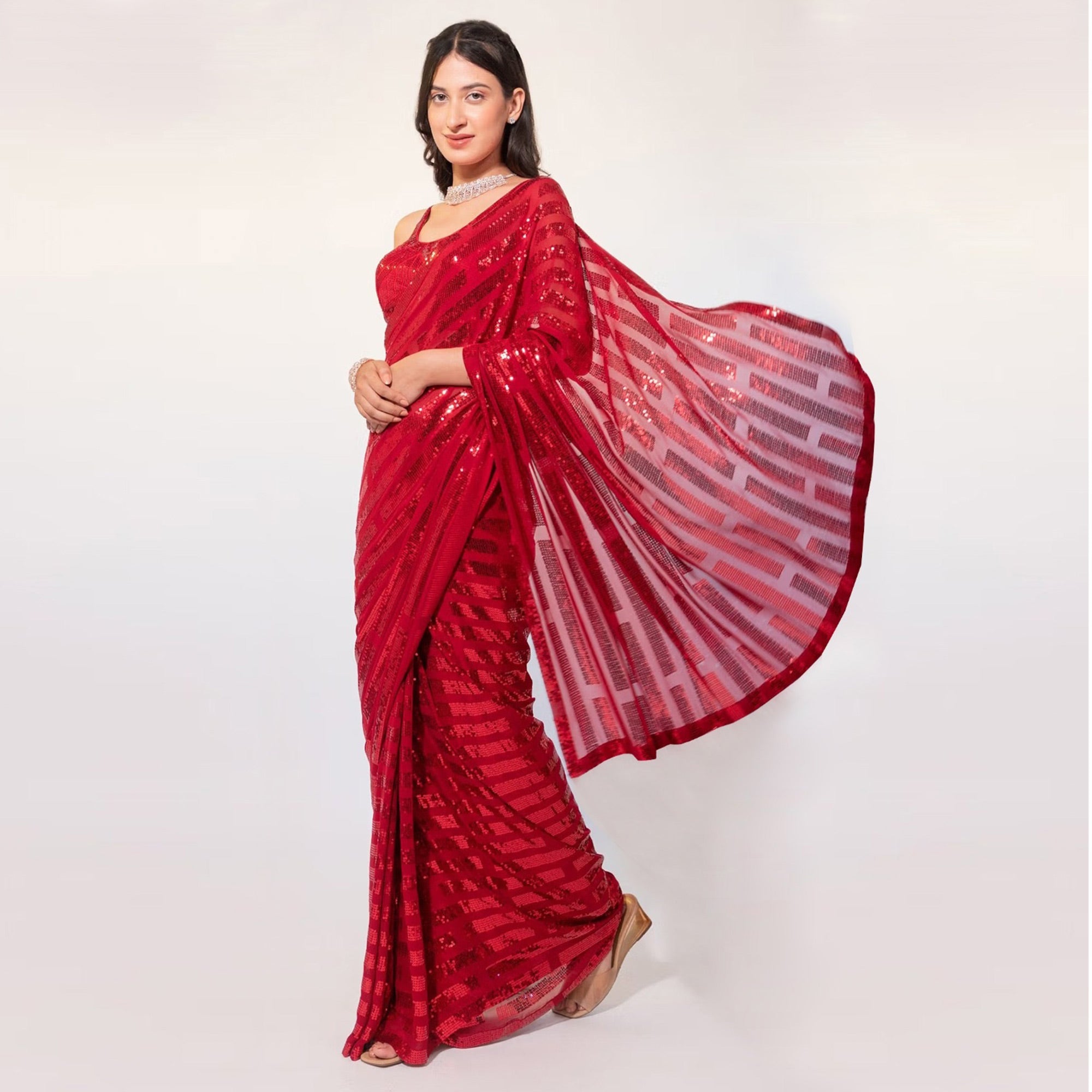 Red Sequins Embroidered Georgette Saree