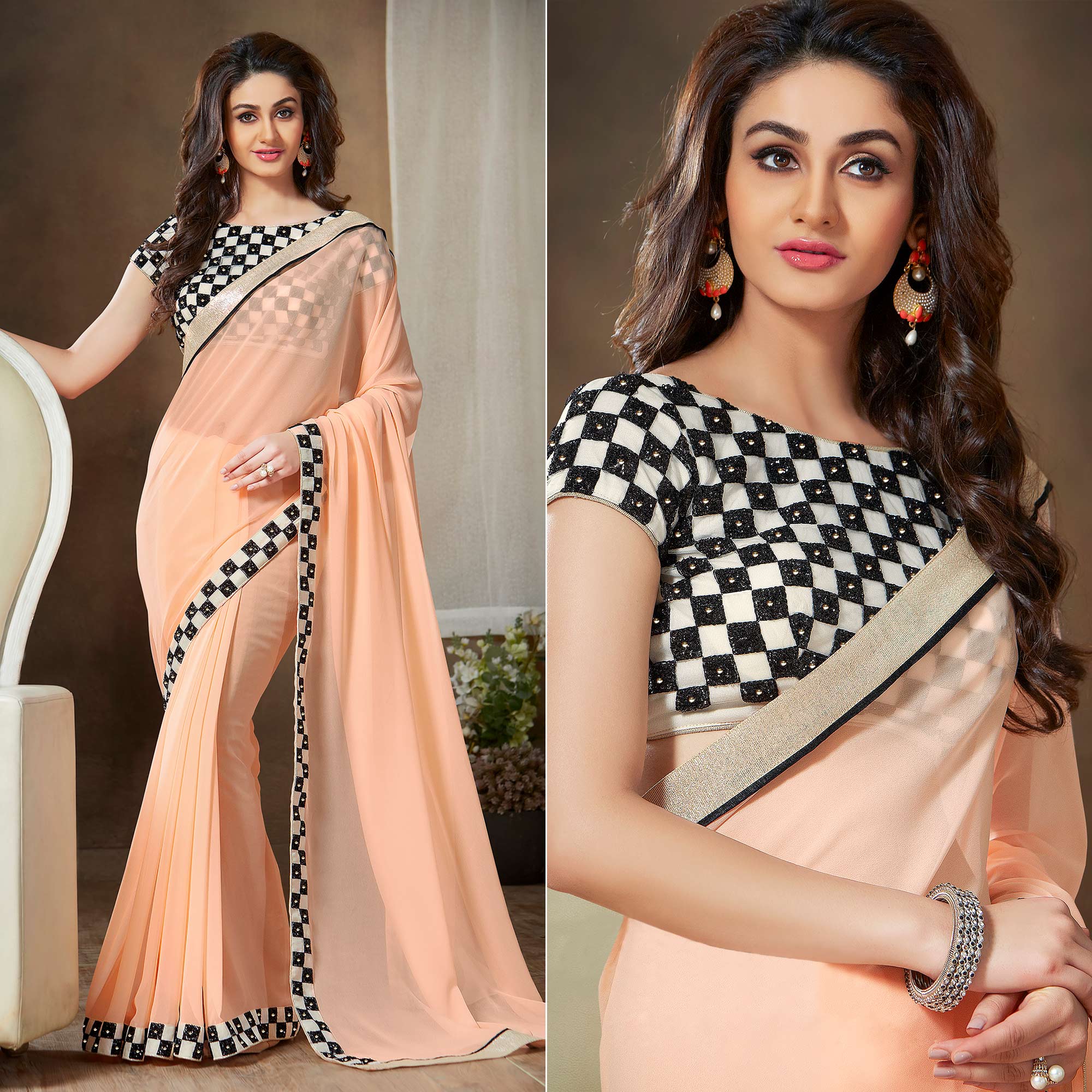 Peach Embroidered Georgette Saree