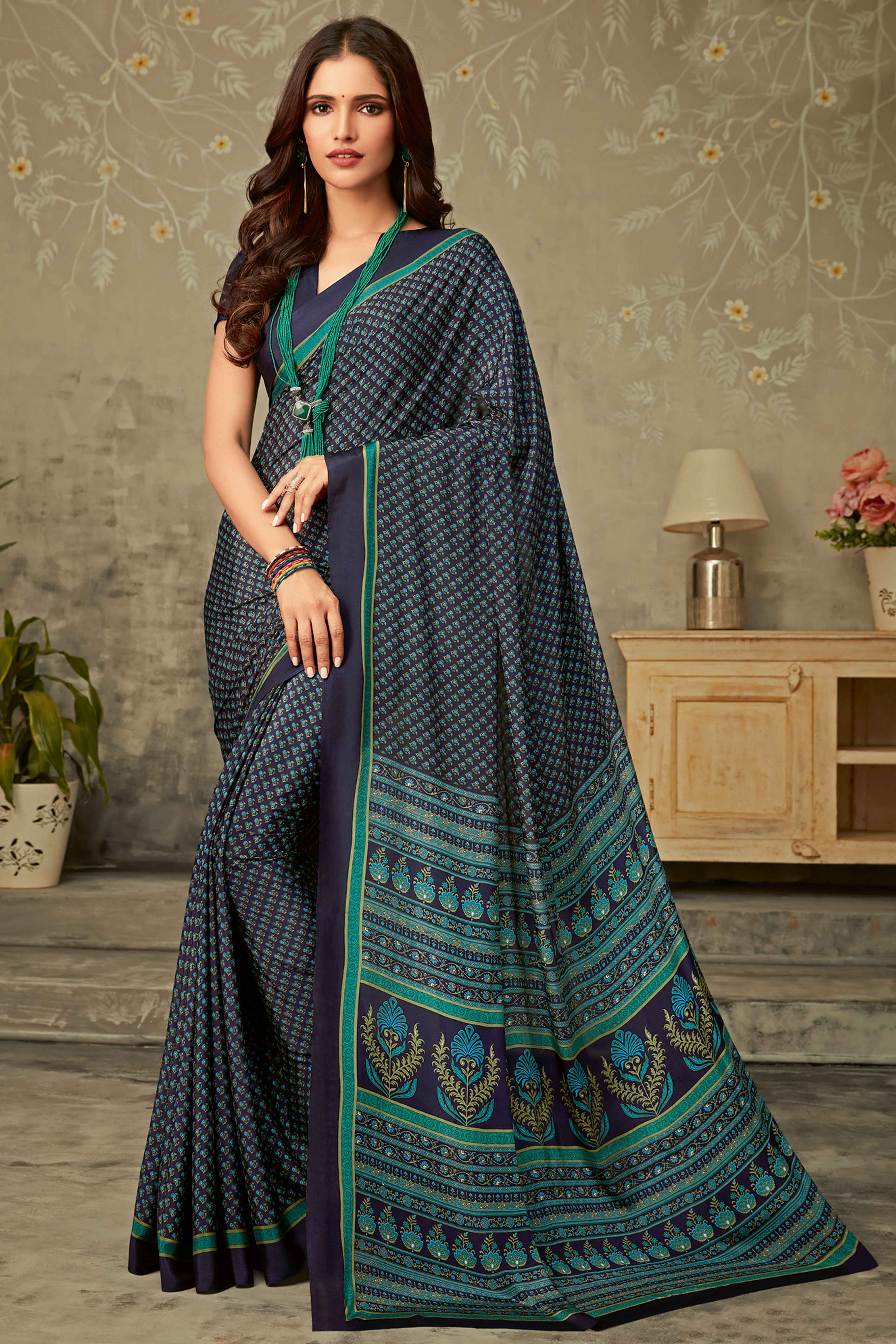 Navy Blue Floral Printed Crepe Silk Saree