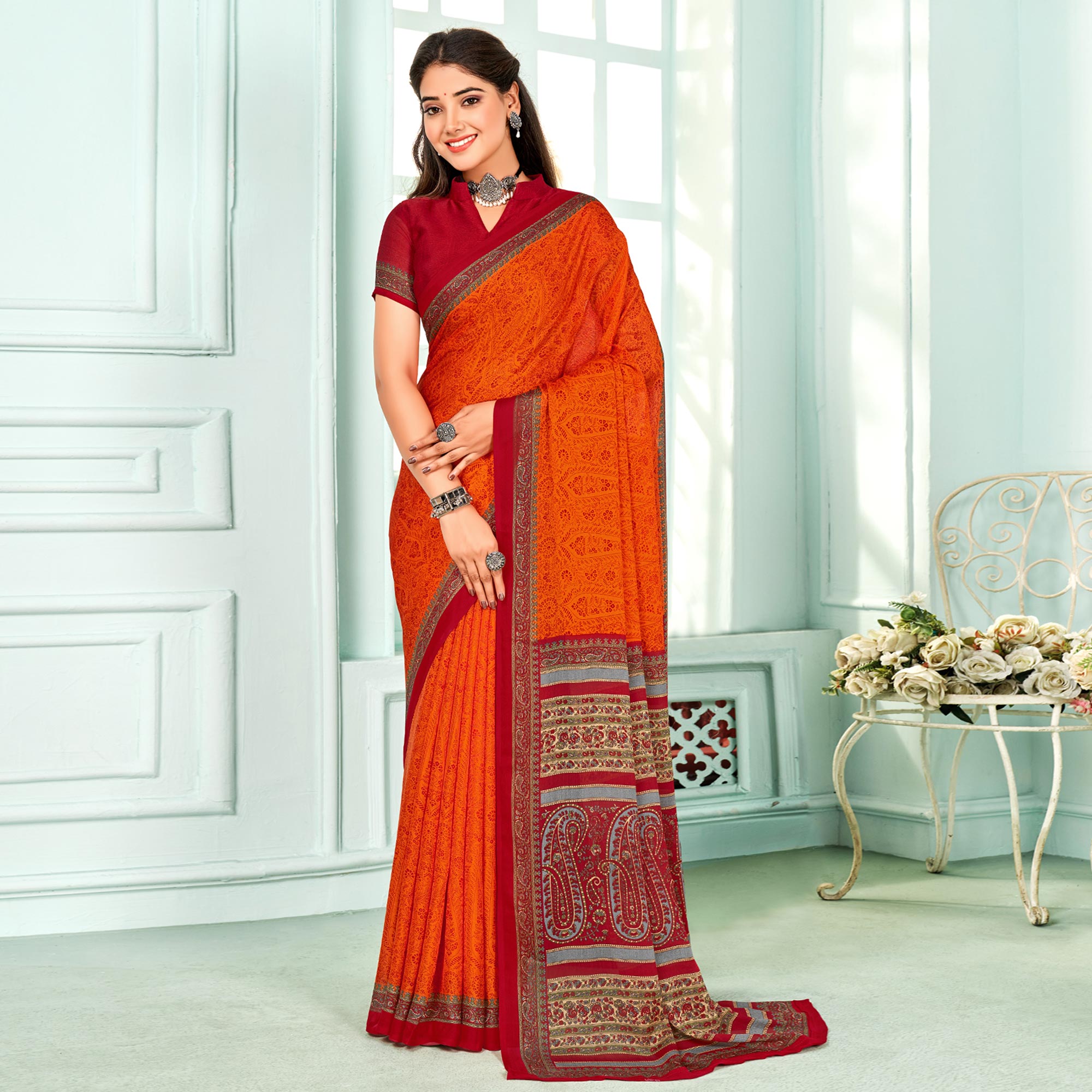 Orange Floral Printed Chiffon Saree