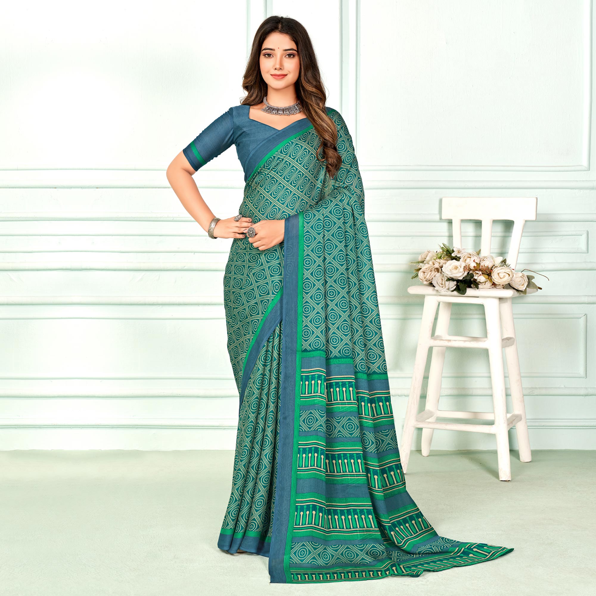 Teal Printed Chiffon Saree