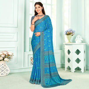 Blue Floral Printed Chiffon Saree