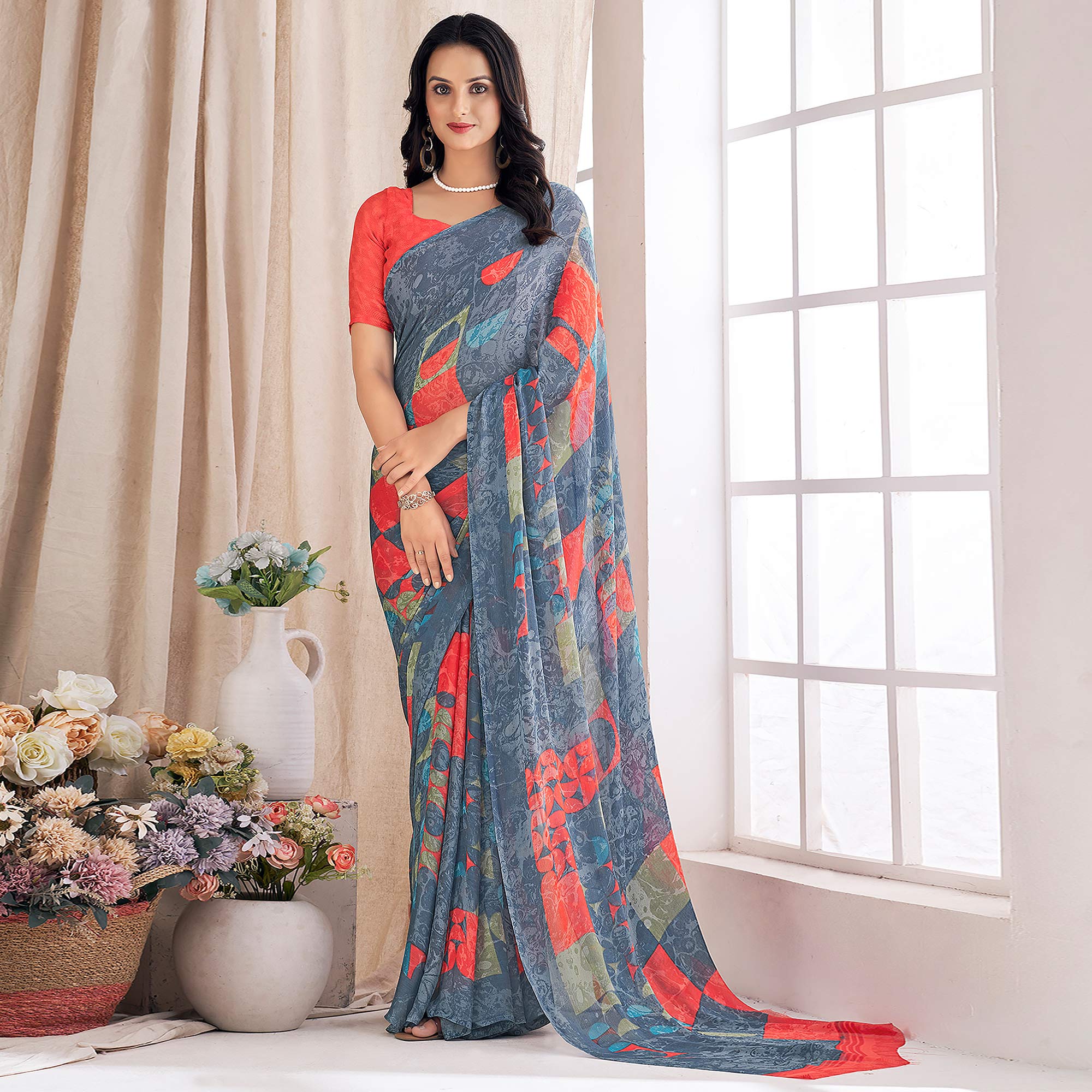 Grey Geometric Printed Chiffon Saree