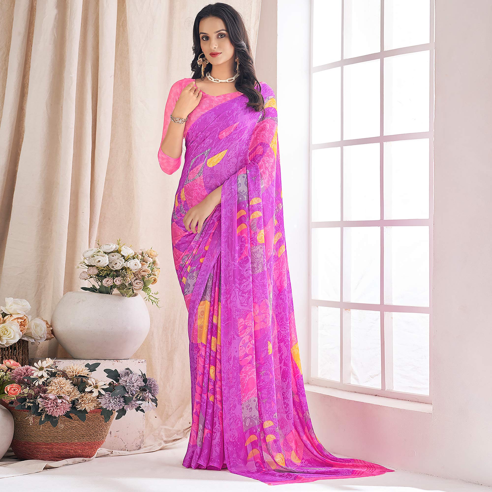 Purple Geometric Printed Chiffon Saree