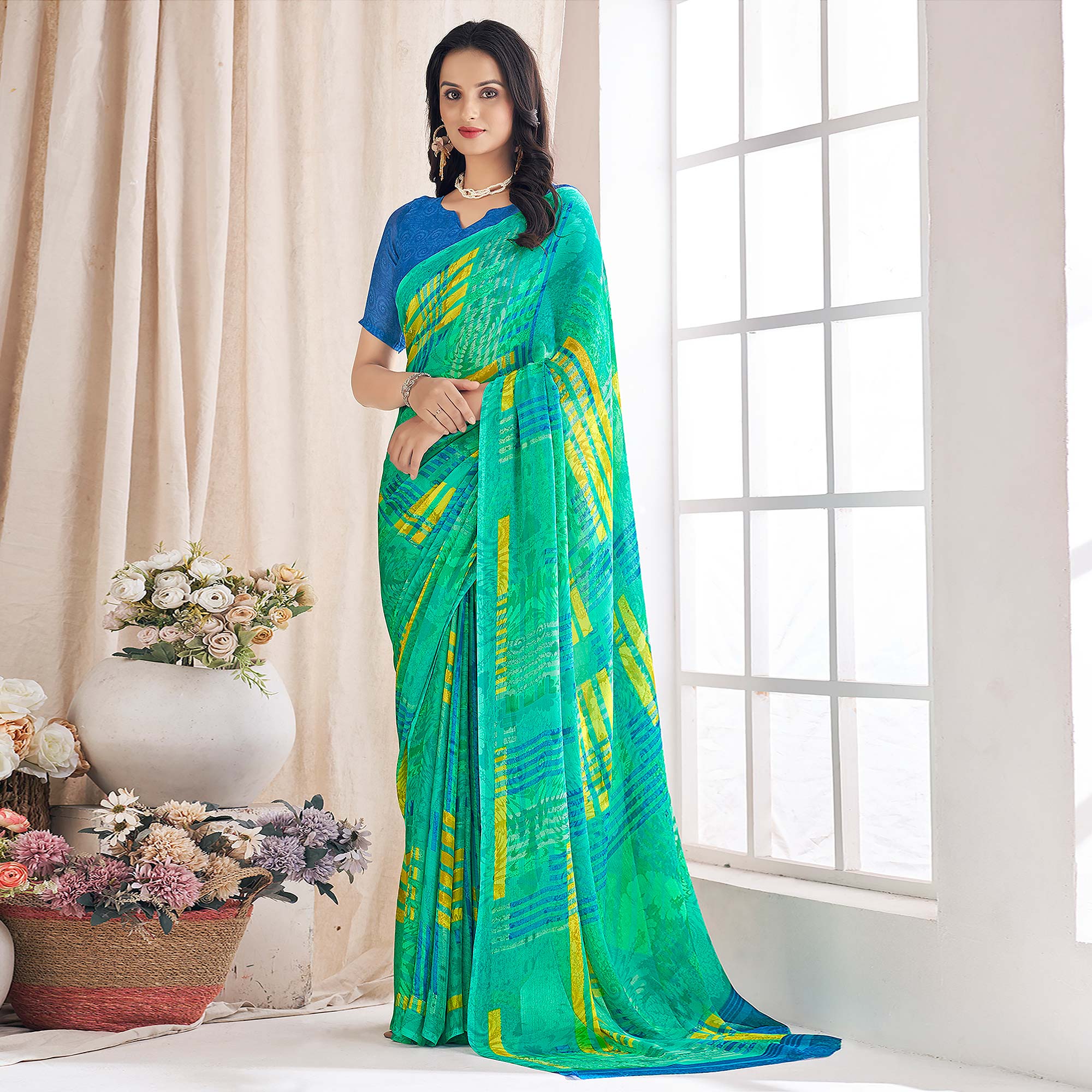 Sea Green Striped Printed Chiffon Saree