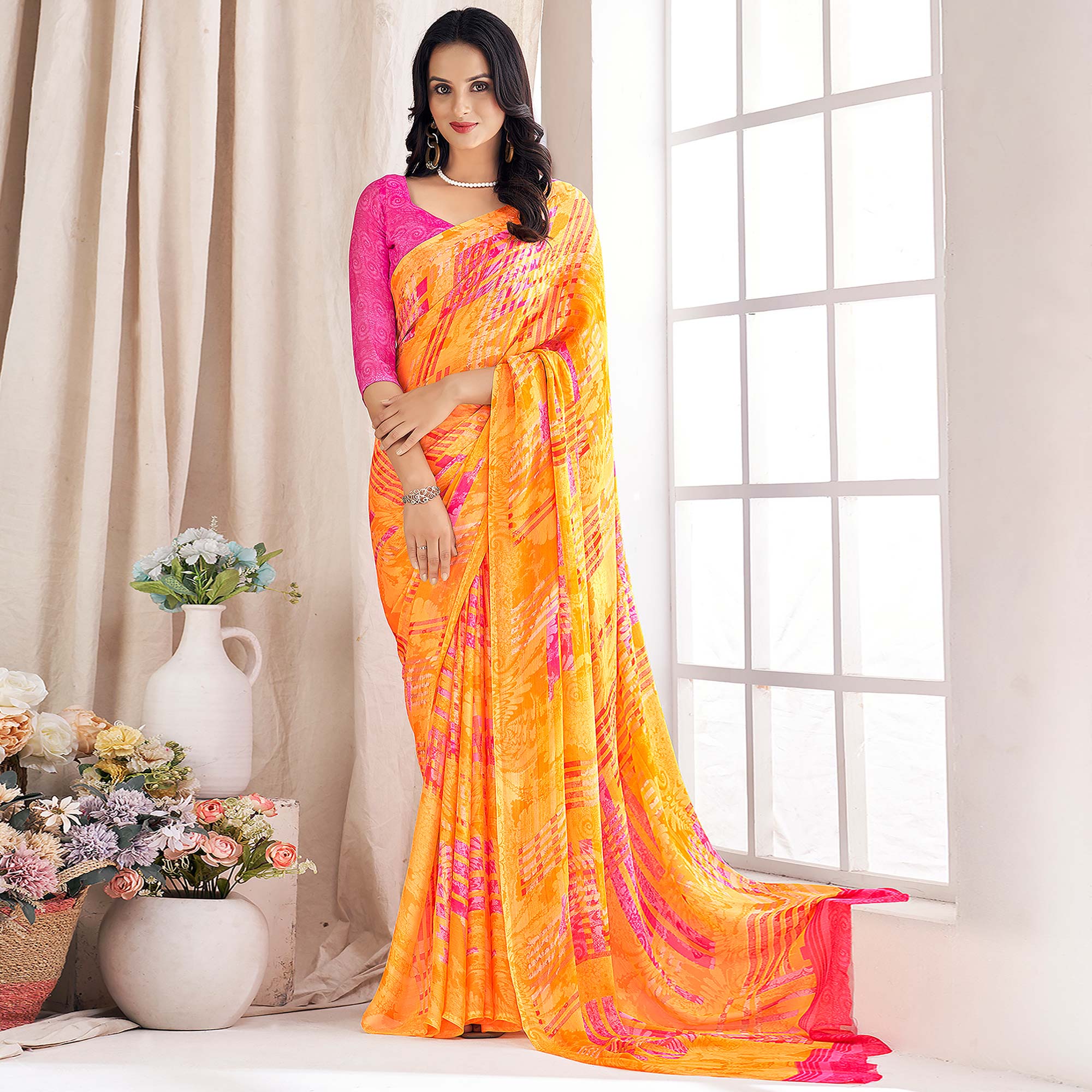 Yellow Striped Printed Chiffon Saree